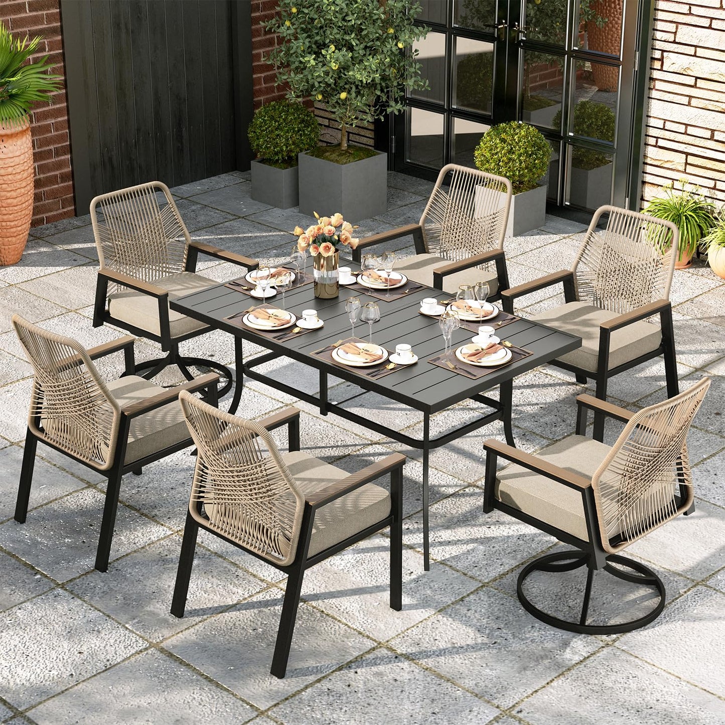 MIXPATIO 7 Pieces Round Outdoor Dining Set for 6, Patio Dining Set Wicker Rattan Chairs with Soft Cushion and 54" Round Table with Umbrella Hole, Round Patio Table and Chairs for Backyard Porch