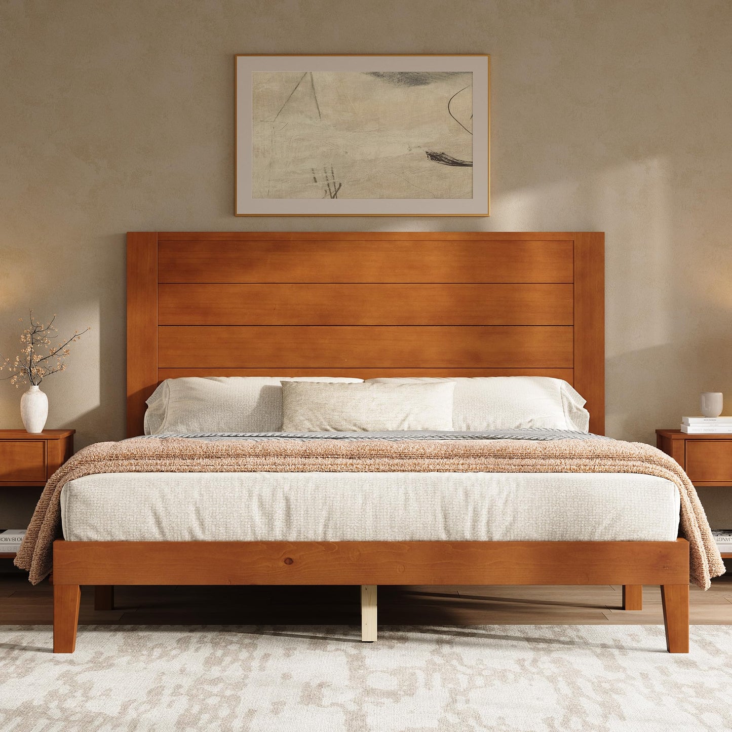 AMERLIFE Queen Size Bed Frame with 48" Tall Headboard, Mid Century Modern Solid Wood Platform Bed with Silent Wood Slat System, No Box Spring Needed, Under-Bed Storage, Dark Walnut