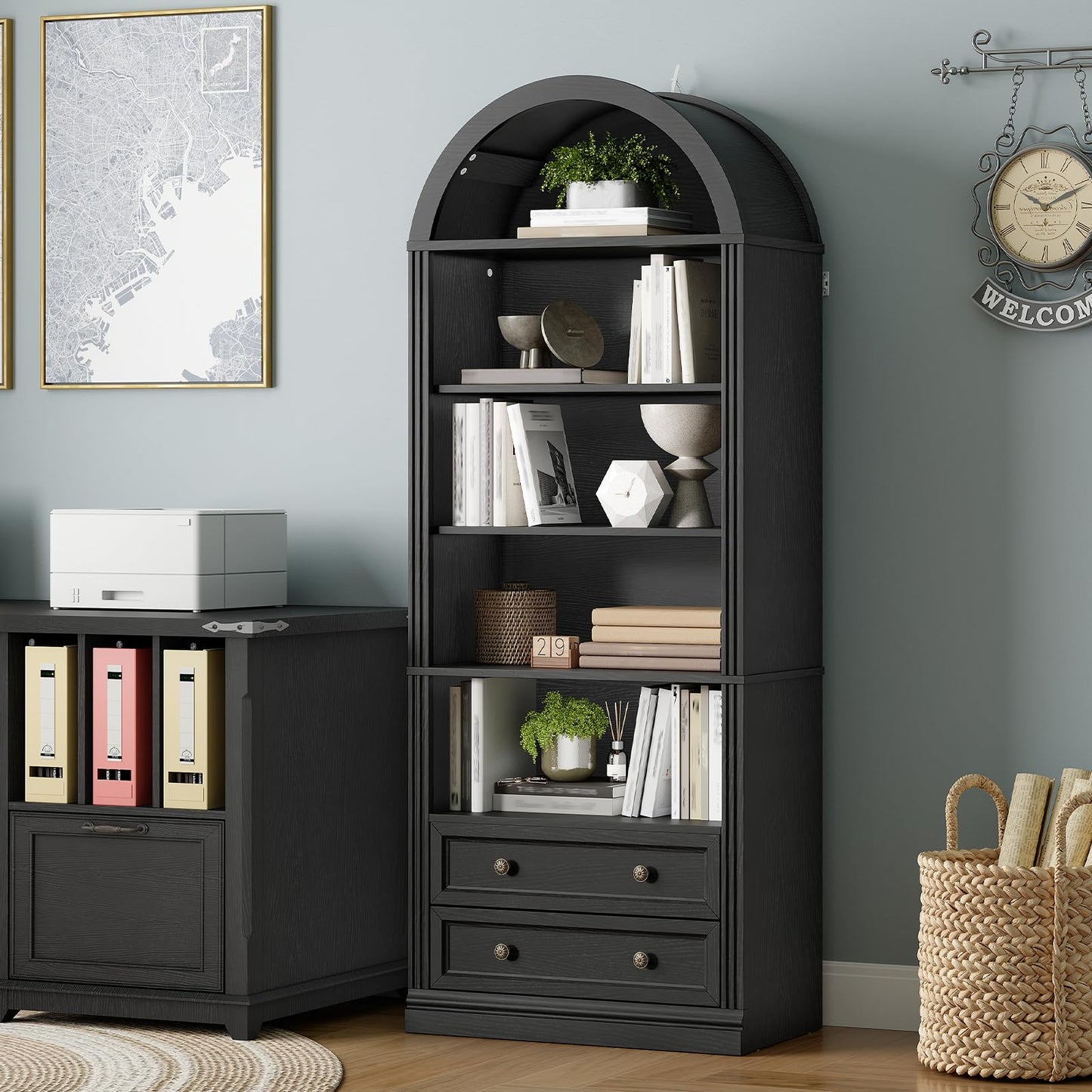 RALGEND Farmhouse Arched Bookshelf, 7 Tiers Arch Bookcase with 2 Spacious Drawers, Modern Book Shelf with Open Display Shelves and Storage Cabinet, for Office, Living Room, Kitchen, Walnut