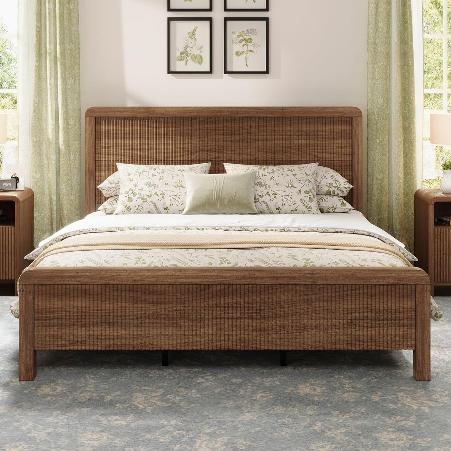 Walnut Fluted Queen Wood Bed Frame with Headboard Footboard & Safe Round Edges