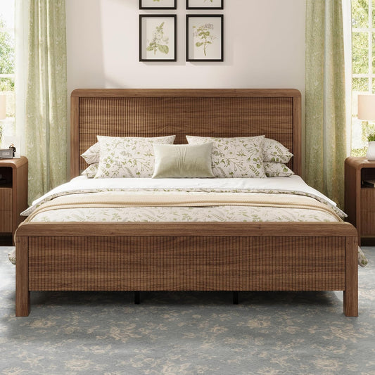 Walnut Fluted Queen Wood Bed Frame with Headboard Footboard & Safe Round Edges
