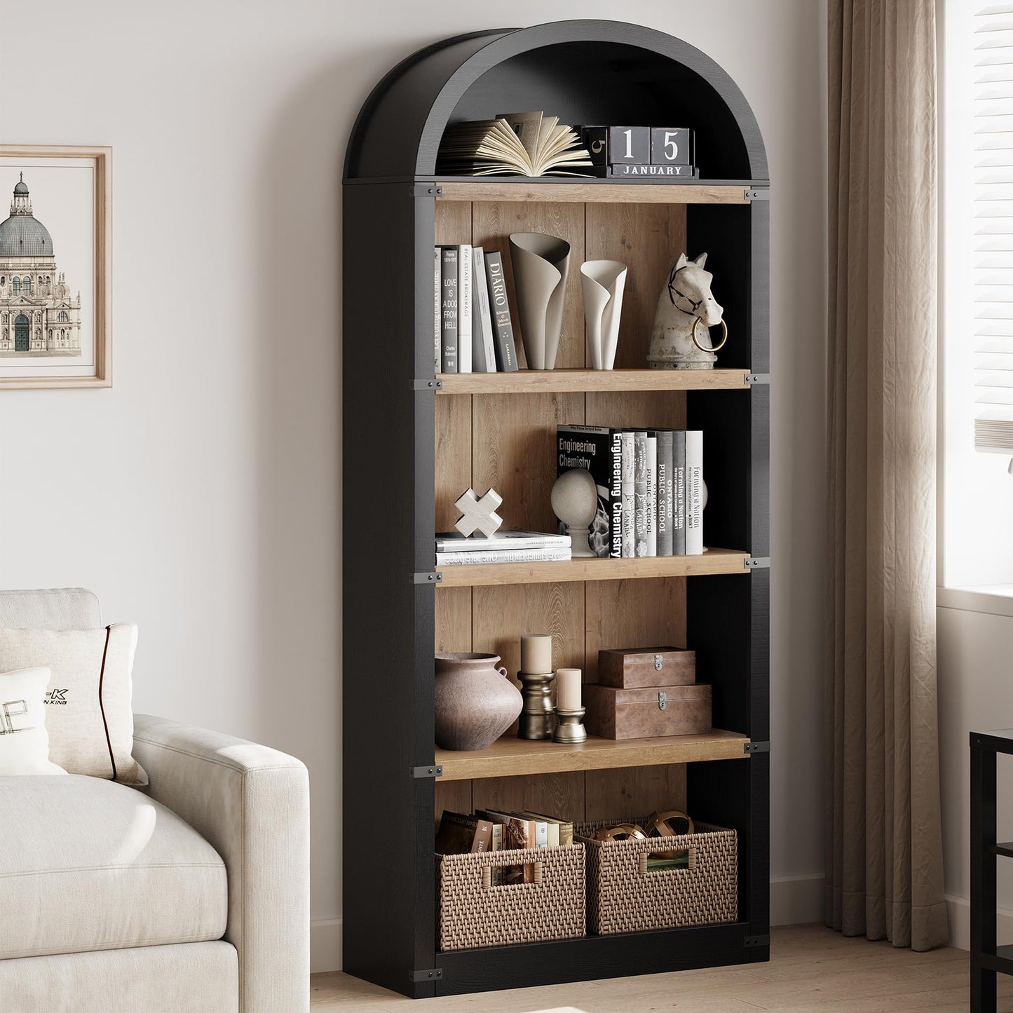 GarveeHome Bookcase 5 Shelf Arched Bookshelf 71.65 in Tall Bookcase Farmhouse Display Storage Rack Wooden Bookshelves for Home Office, Living Room