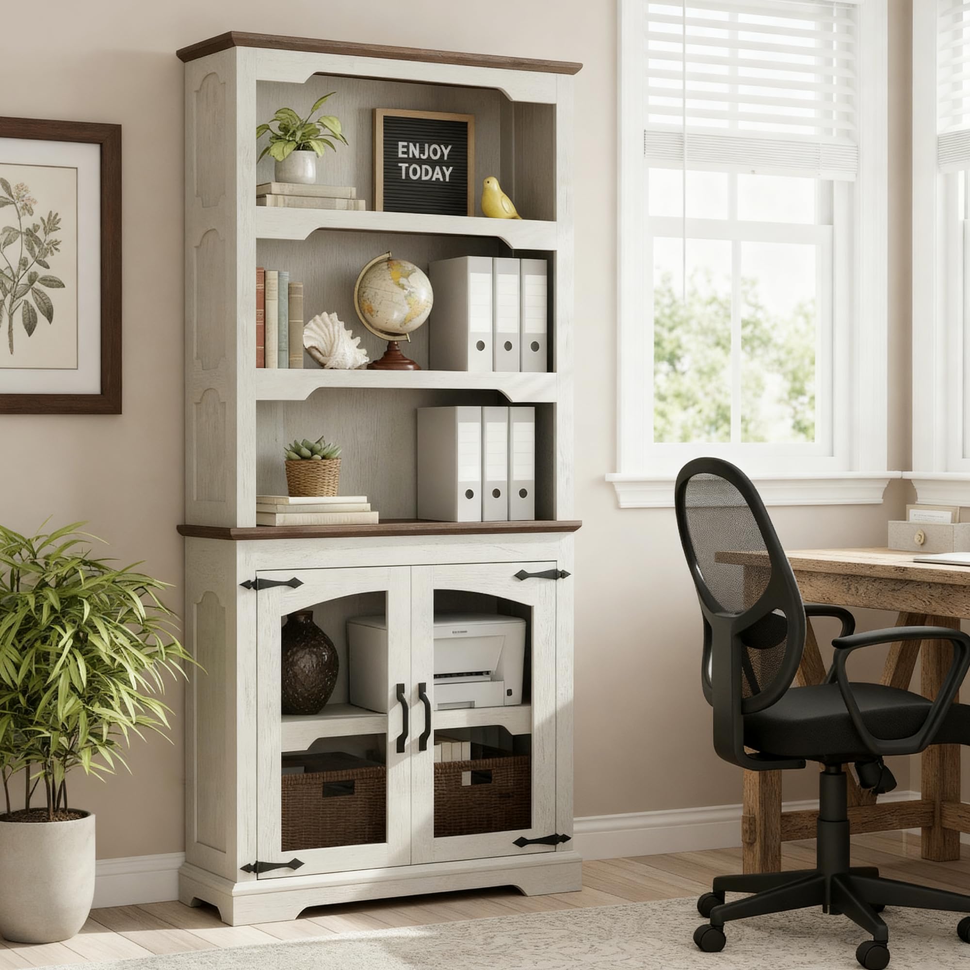 70" Two-Tone 5-Tier Farmhouse Bookshelf with Arched Trim Open Storage Shelves
