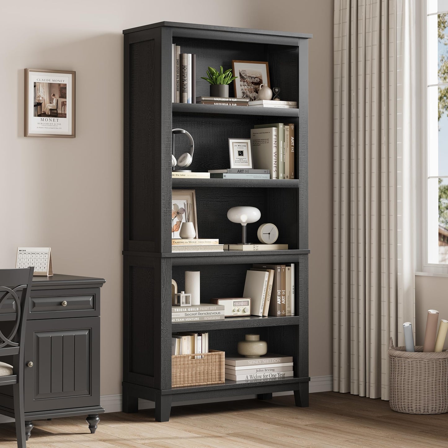 IDEALHOUSE 71" Farmhouse Bookshelf w/Adjustable Shelves & 31.5 in Whidth, 5 Tier Tall Bookshelf with Wooden Legs, Vintage Wooedn Book Shelf for Living Room Office (White, 71.3" H x 31.5" W x 11.8" D)