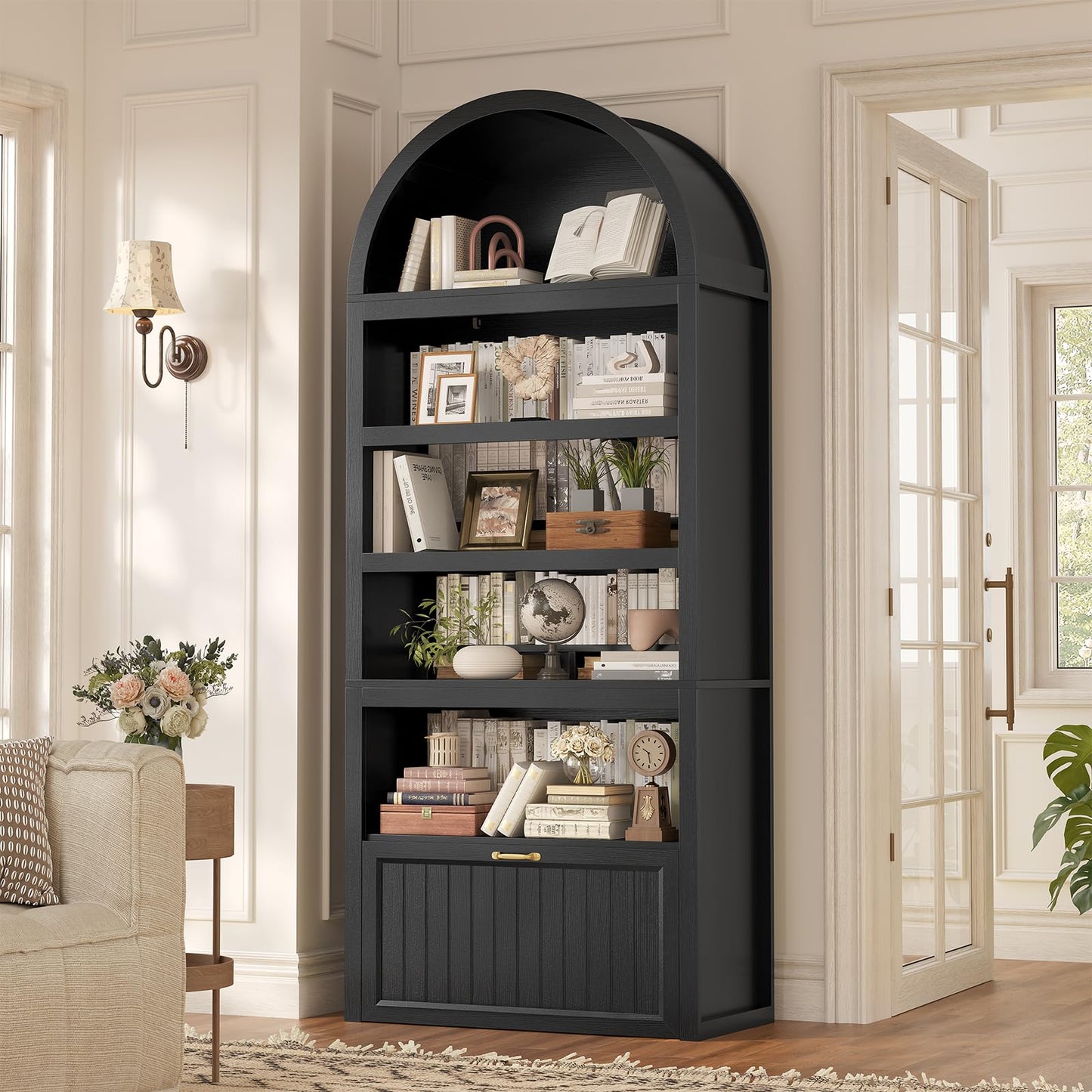 81" Tall Arched Cabinets,Bookcase with storage,Mid-Century Modern 6-Tier Bookshelf with Door,2 Book Risers and Adjustable Shelves offering more storage space for Living Room,Kitchen,Home Office,Walnut