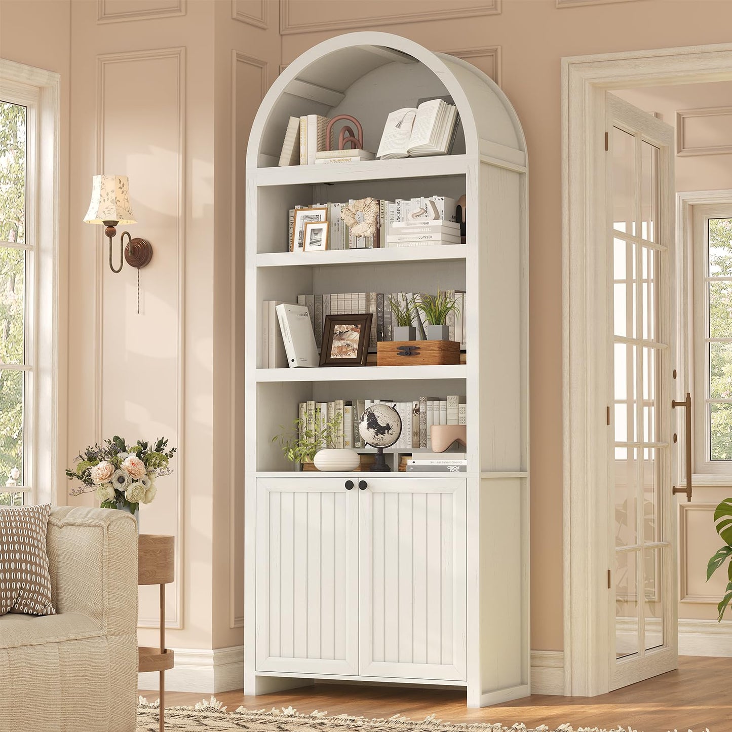81" Tall Arched Cabinets,Bookcase with storage,Mid-Century Modern 6-Tier Bookshelf with Door,2 Book Risers and Adjustable Shelves offering more storage space for Living Room,Kitchen,Home Office,Walnut