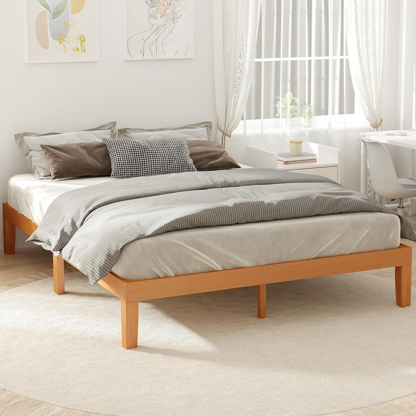 DUMOS Solid Wood Bed Frame, Queen Size Bed Base with Wooden Slat Support, Sturdy, Stylish & Noise-Free Design, No Box Spring Needed, Easy Assembly, 12 in Natural Pine