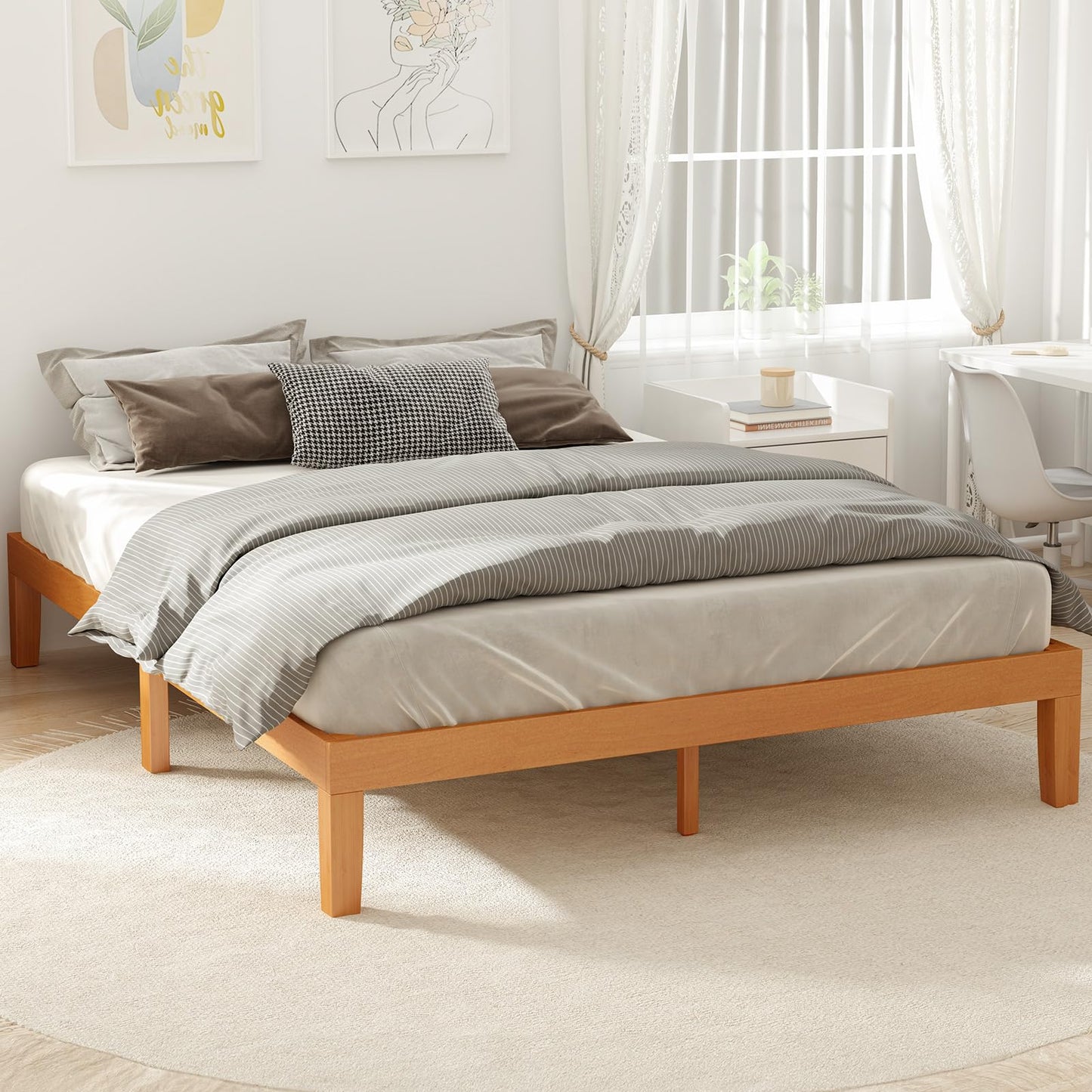 DUMOS Twin Bed Frame, Solid Wooden Bed Base with Wood Slat Support, Sturdy, Stylish & Noise-Free Design, No Box Spring Needed, Easy Assembly, 12 in Natural Pine