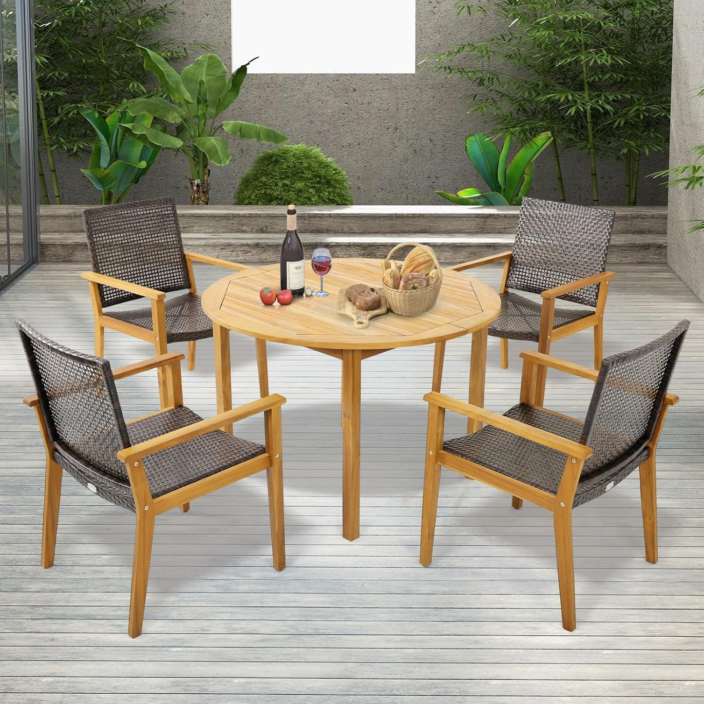 Tangkula 5 Pieces Patio Dining Set, 4 Patio Wicker Armchairs and Round Acacia Wood Dining Table, Outdoor Table and Chairs Set for Backyard, Poolside, Garden