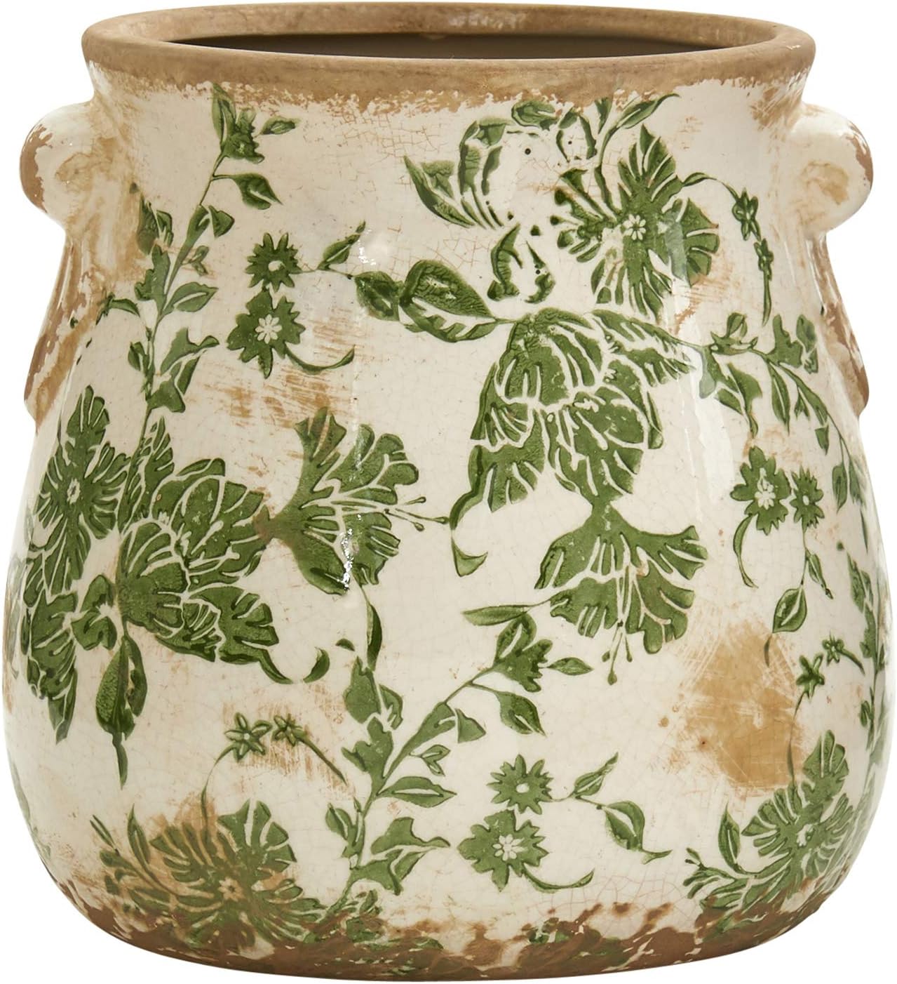 Nearly Natural 10in Ceramic Decorative Vase, Tuscan Style Green Scroll Design for Indoor Home Shelf Table Decor