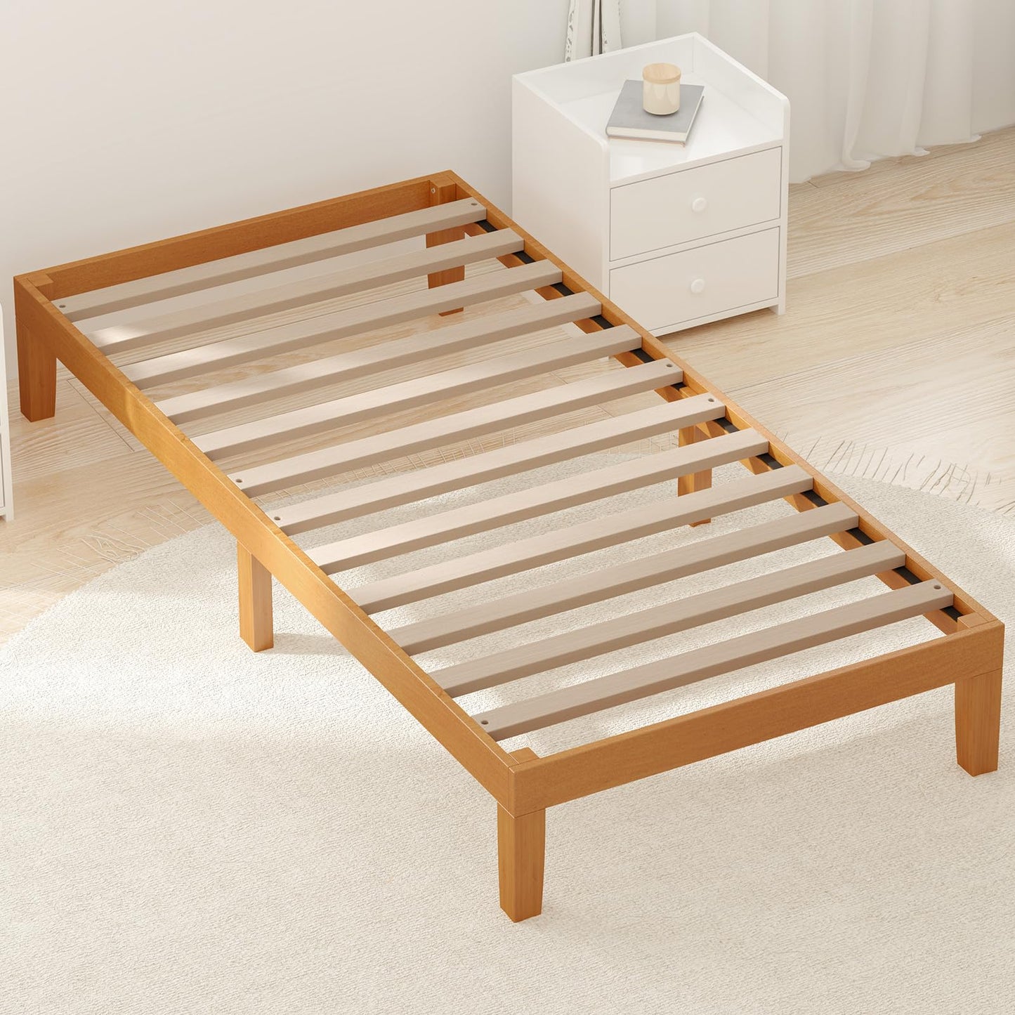 OLIXIS Full Size Bed Frame, 12 in Heavy Duty Platform Bedframe, Underbed Storage, 700 LBS Capacity, No Box Spring Needed, Wooden Slats,Easy Assembly, Honey Finish