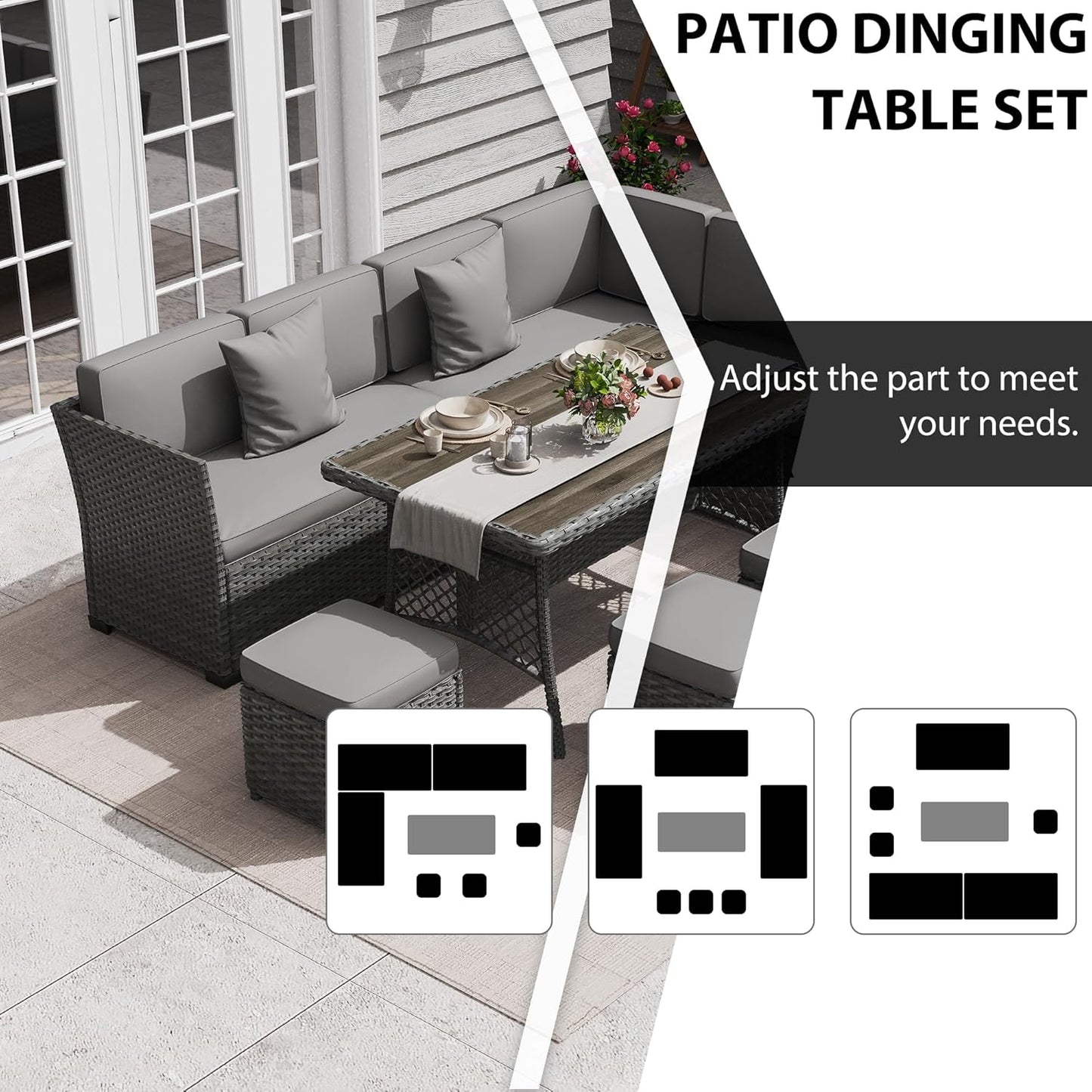 KIGOTY 7 Piece Patio Furniture Set, Outdoor PE Wicker Rattan Outdoor Dining Set, Patio Table and Chairs Set, Patio Conversation Sofa Set with Dining Table and Ottoman(Grey-Light Grey)