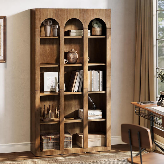 Tribesigns 70.87" Bookshelf, 5-Tier Arched Display Bookcase with Open Storage Shelves, Vintage Tall Bookshelves Organizer for Living Room, Bedroom, Home Office, Entryway (Walnut Brown)
