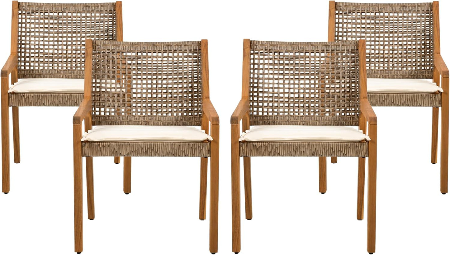 Christopher Knight Home Pelham Wooden Patio Dining Set for 4, Acacia Wood Outdoor Dining Table Set for 4, 5 Piece Outdoor Dining Set with Round Table and Armchair with Seat Cushion, Teak+Beige