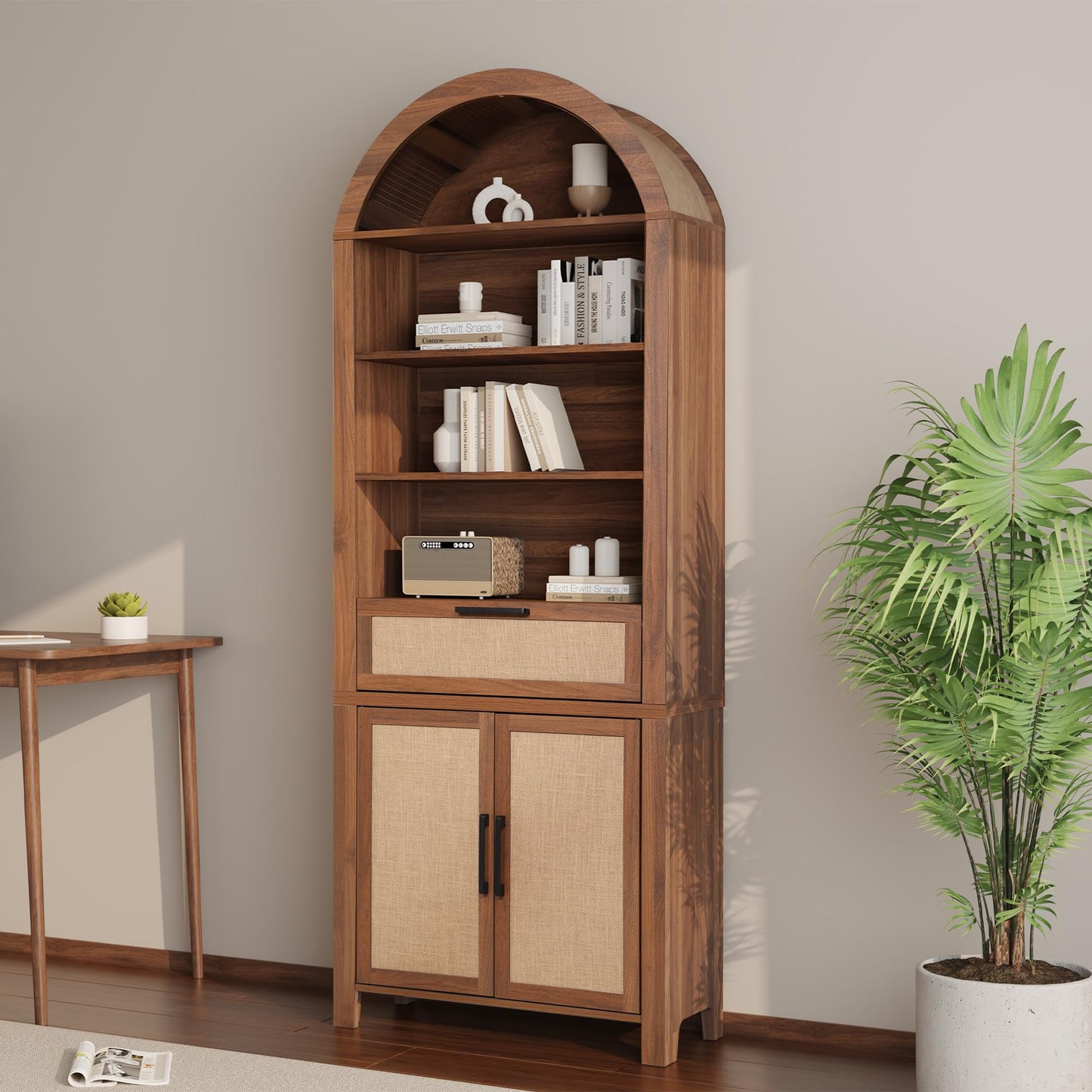 Janmer Home 71" Tall Arched Bookcase with Doors | 6-Tier Mid-Century Modern Arched Bookshelf Storage Cabinet | Adjustable Shelves | Freestanding Display Shelf for Living Room, Office (Natural)