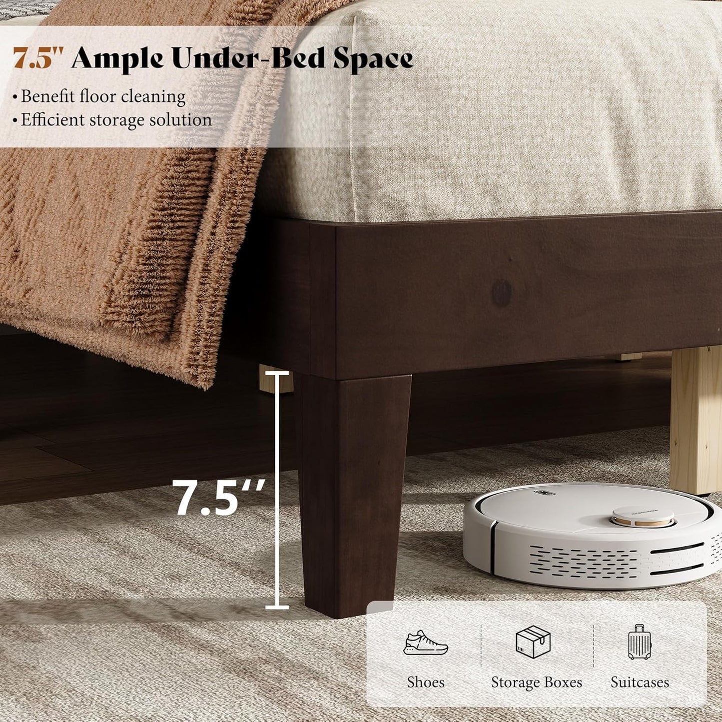 AMERLIFE Queen Size Bed Frame with 48" Tall Headboard, Mid Century Modern Solid Wood Platform Bed with Silent Wood Slat System, No Box Spring Needed, Under-Bed Storage, Dark Walnut