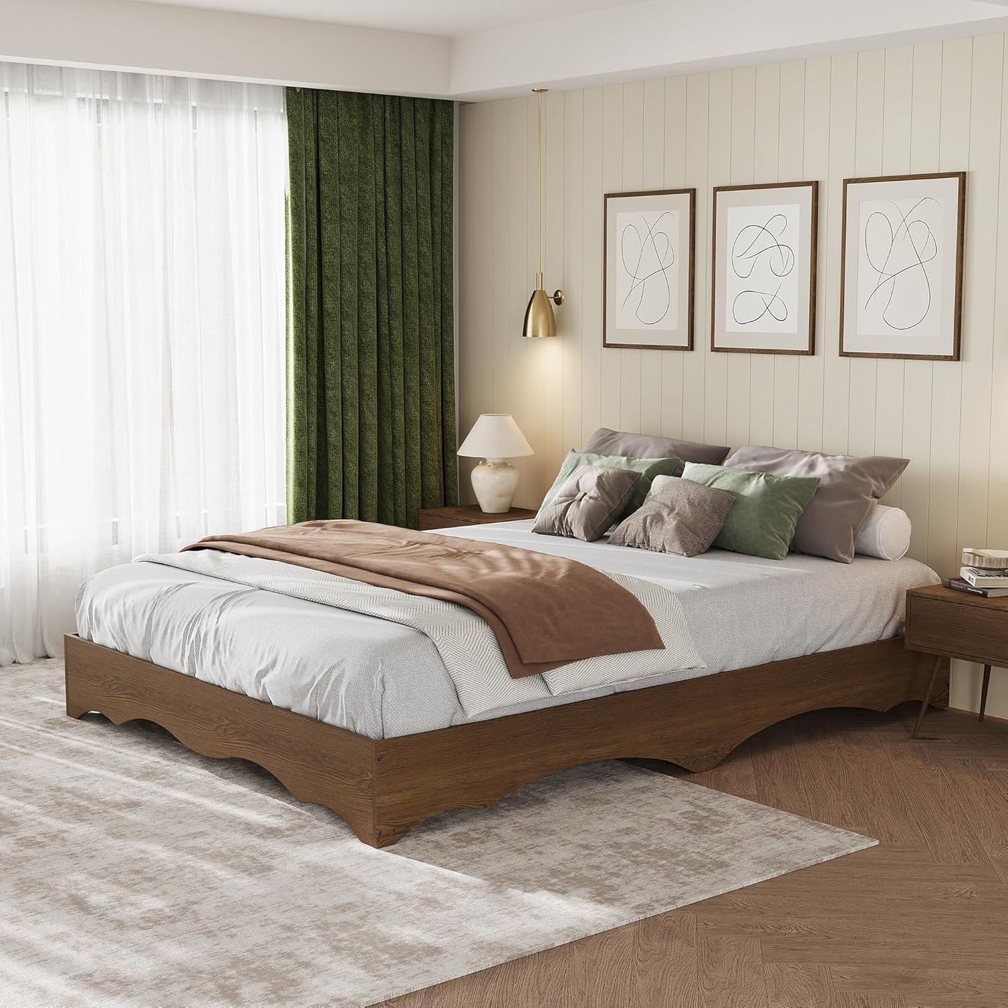IDEALHOUSE Queen Bed Frame, Wood Platform Bed with Wave Design, Low Bed Frame Without Headboard, Minimalist Bed Base with Noise-Free, Easy Assembly, No Box Spring Needed