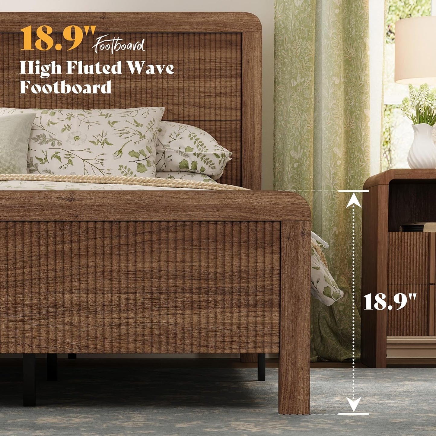 Walnut Fluted Queen Wood Bed Frame with Headboard Footboard & Safe Round Edges