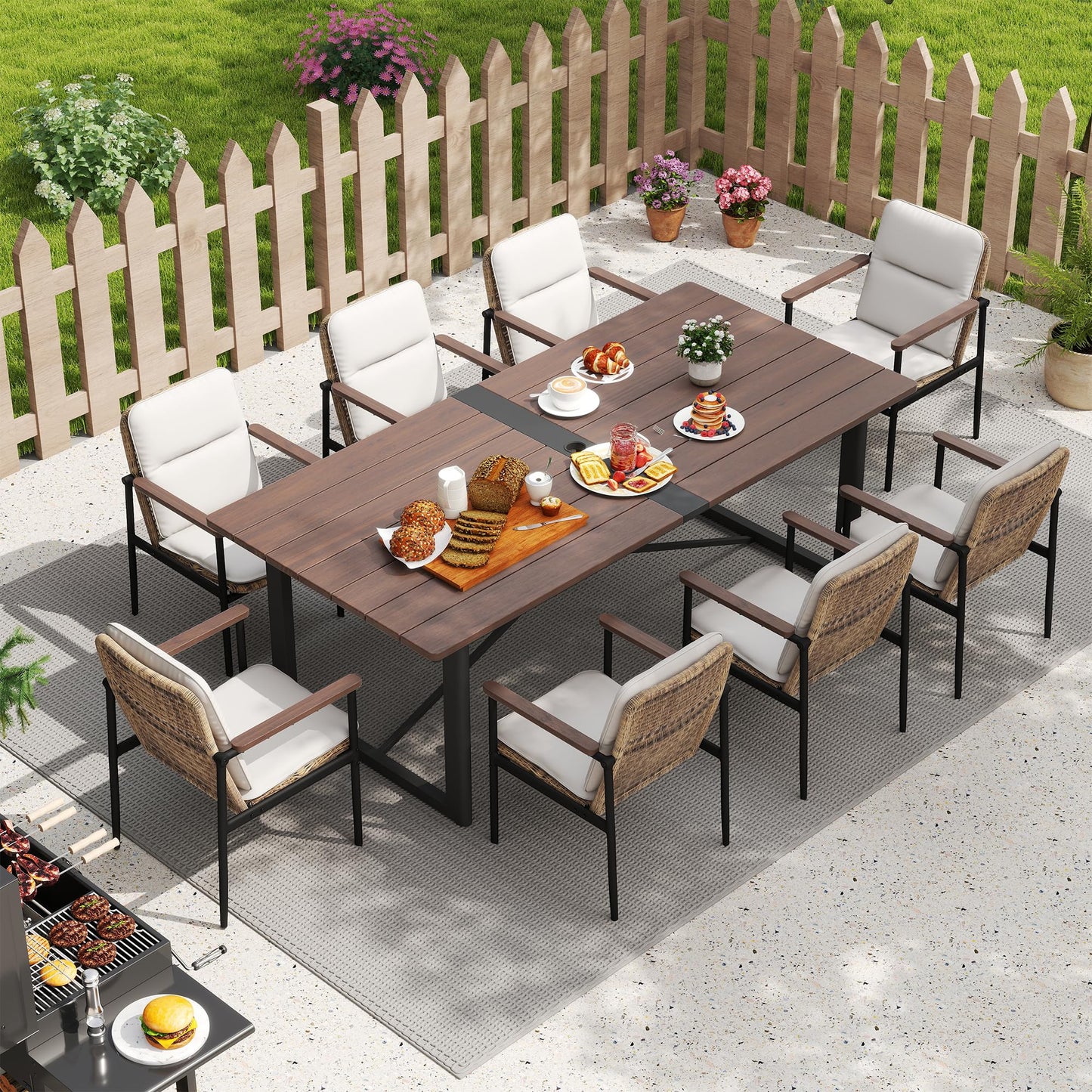 HAPPATIO 7 Piece Patio Dining Set Outdoor, 6 Wicker Chairs with Aluminum Frame and Olefin Cushions, Large Wooden Dining Table with Umbrella Hole,Patio Table and Chairs for Backyard Garden Porch