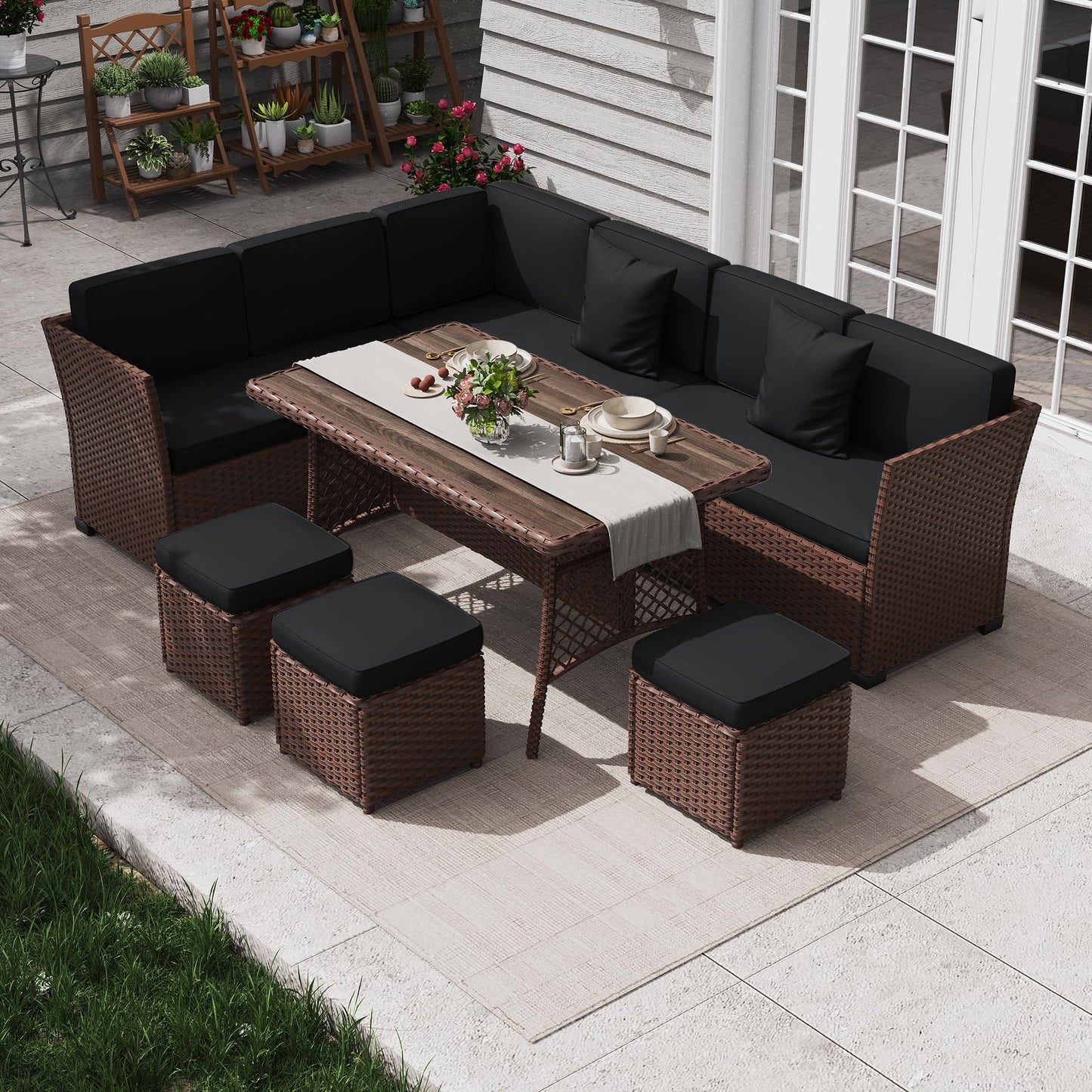 KIGOTY 7 Piece Patio Furniture Set, Outdoor PE Wicker Rattan Outdoor Dining Set, Patio Table and Chairs Set, Patio Conversation Sofa Set with Dining Table and Ottoman(Grey-Light Grey)