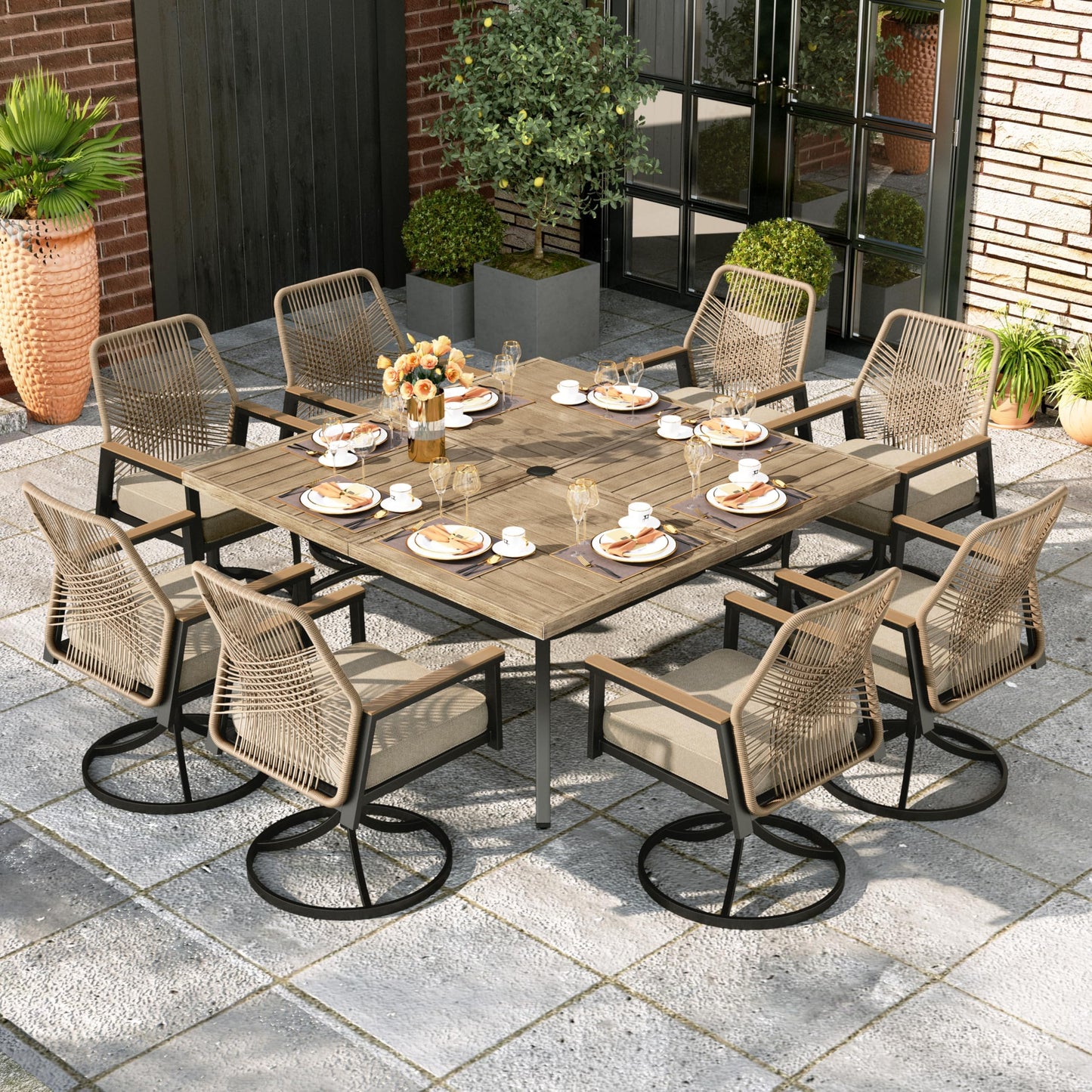 MIXPATIO 7 Pieces Round Outdoor Dining Set for 6, Patio Dining Set Wicker Rattan Chairs with Soft Cushion and 54" Round Table with Umbrella Hole, Round Patio Table and Chairs for Backyard Porch