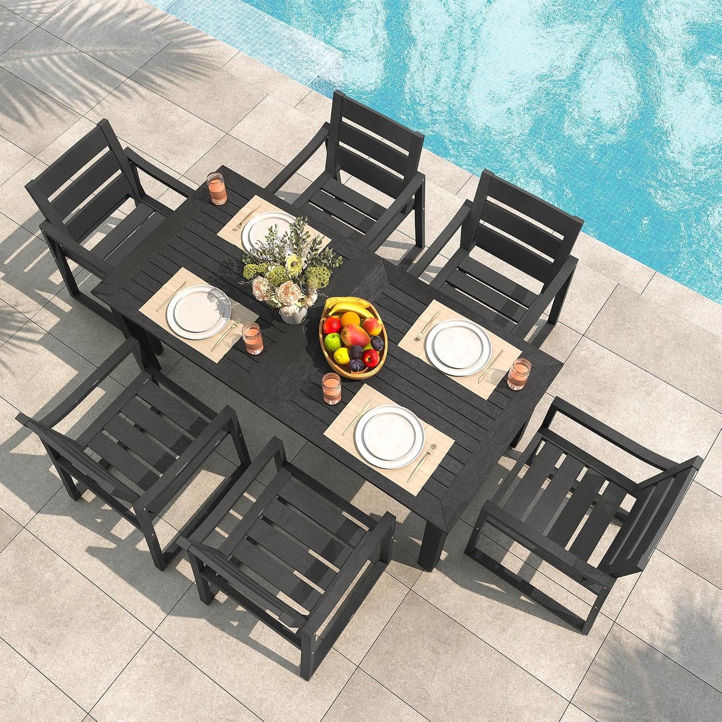 Cozyman Patio Table and Chairs Set, HDPS Outdoor Dining Set for 6, Patio Furniture for Deck, Poolside, and Backyard, Black