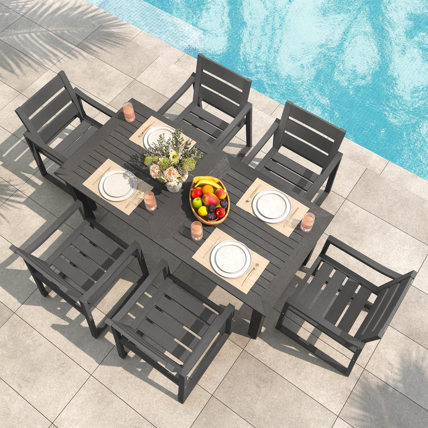 Cozyman Patio Table and Chairs Set, HDPS Outdoor Dining Set for 6, Patio Furniture for Deck, Poolside, and Backyard, Black