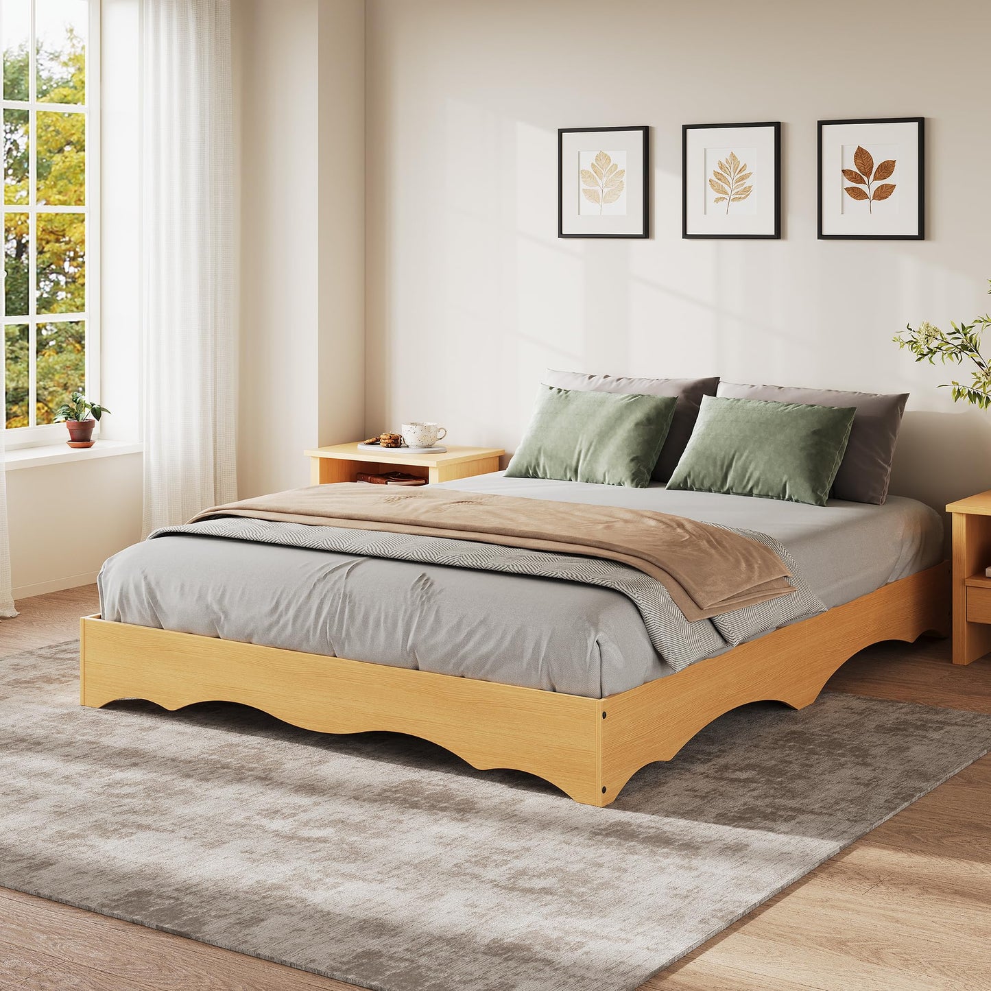 IDEALHOUSE Queen Bed Frame, Wood Platform Bed with Wave Design, Low Bed Frame Without Headboard, Minimalist Bed Base with Noise-Free, Easy Assembly, No Box Spring Needed