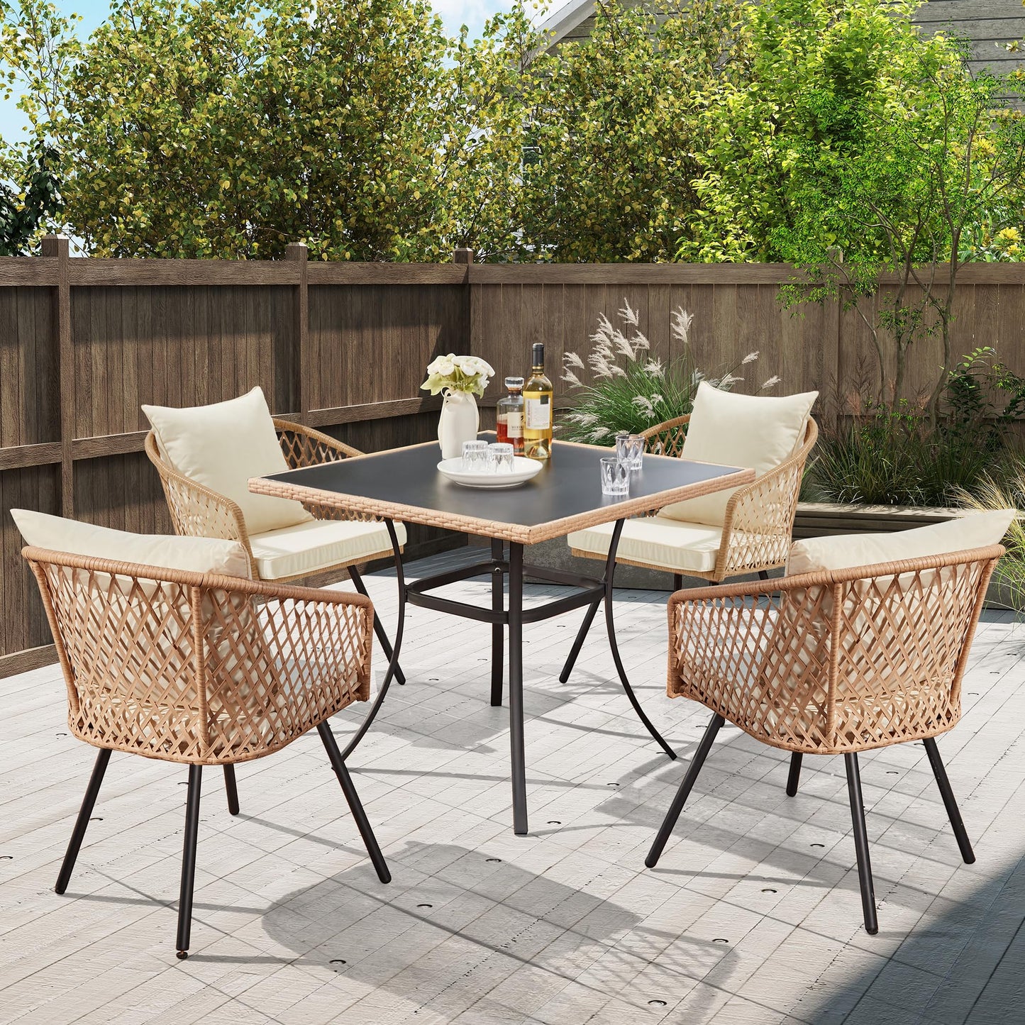 5-Piece Grey Black Wicker Outdoor Dining Set with Glass Table & Waterproof Cushions