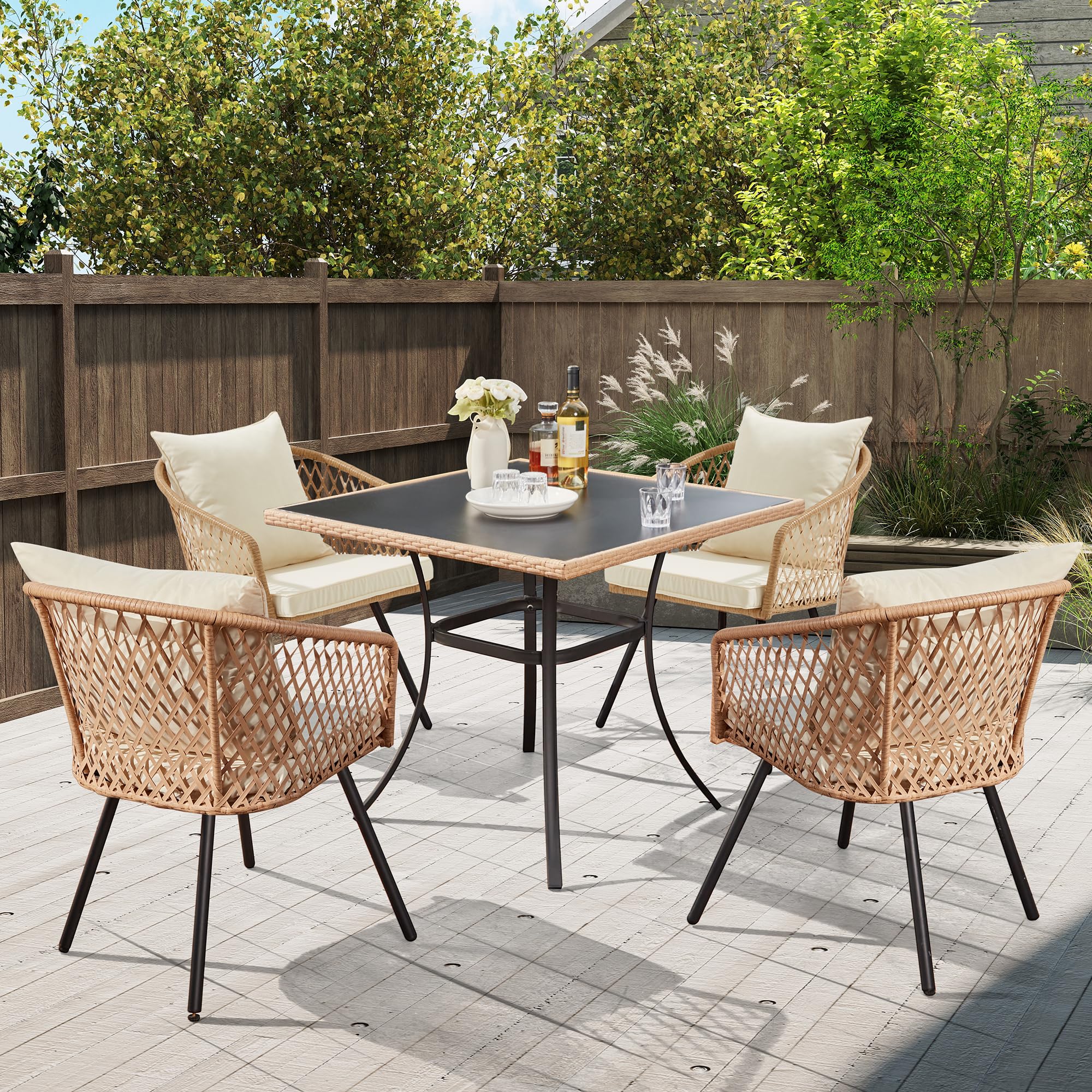 5-Piece Grey Black Wicker Outdoor Dining Set with Glass Table & Waterproof Cushions