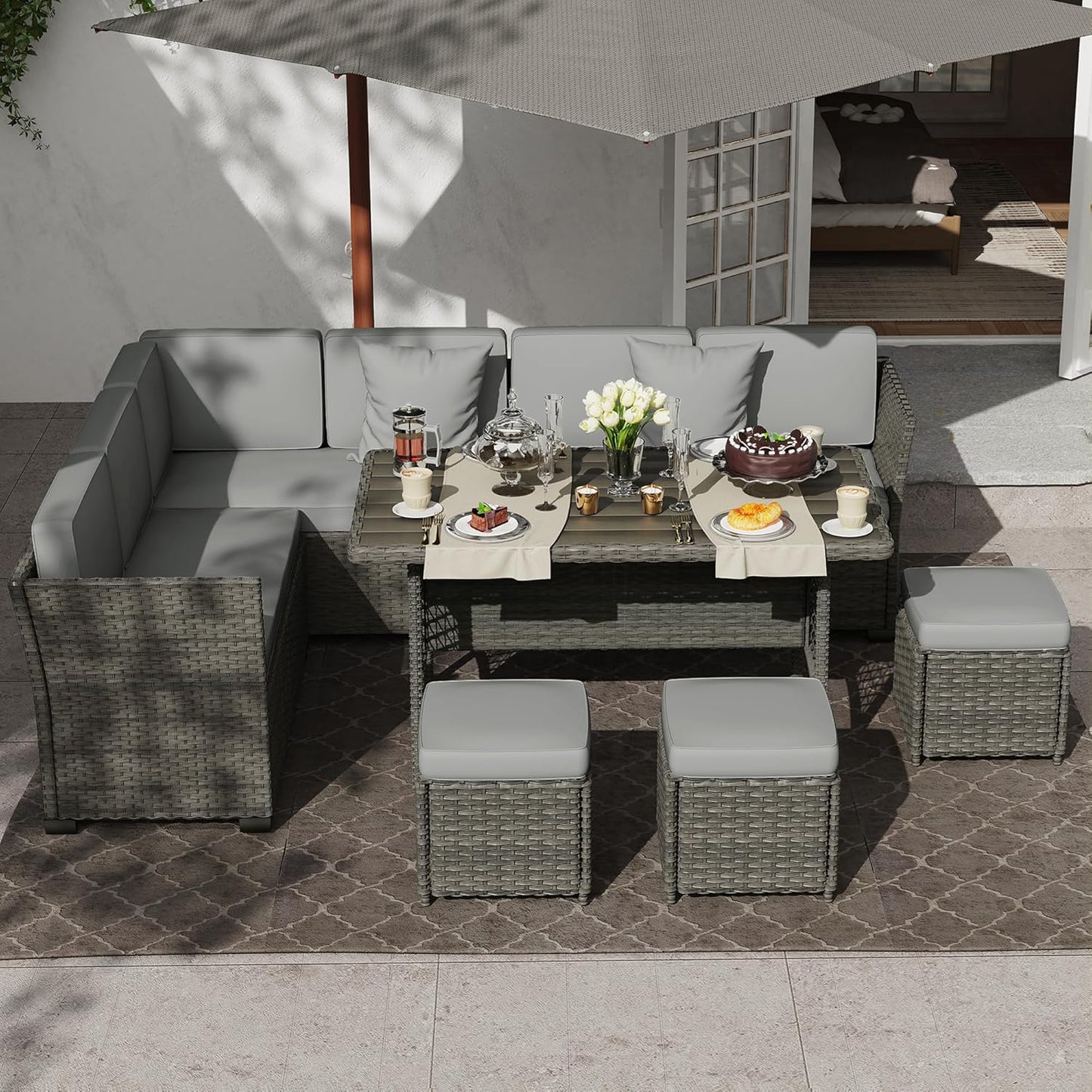 KIGOTY 7 Piece Patio Furniture Set, Outdoor PE Wicker Rattan Outdoor Dining Set, Patio Table and Chairs Set, Patio Conversation Sofa Set with Dining Table and Ottoman(Grey-Light Grey)