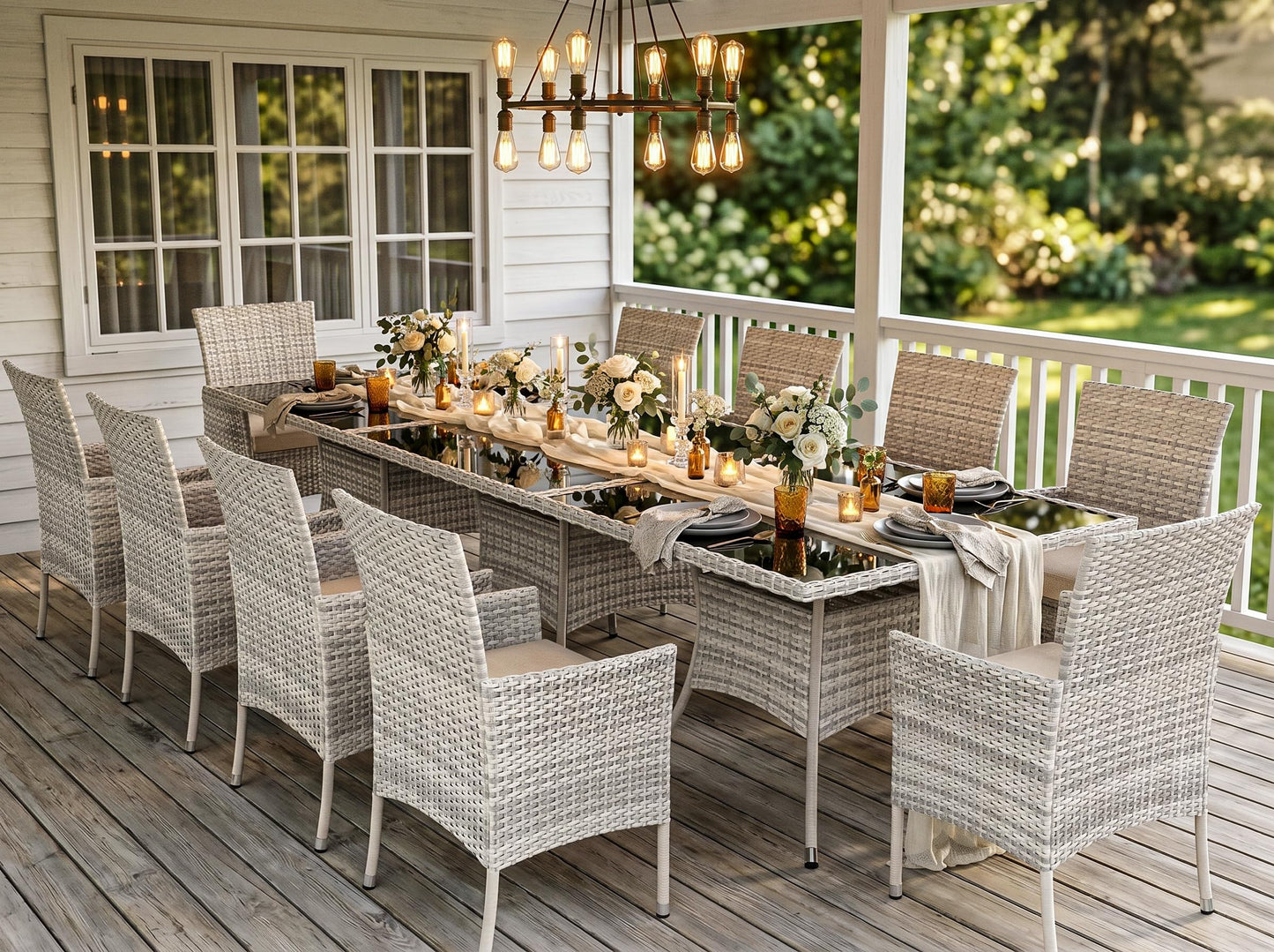 Outdoor Dining Set, 5-Piece Patio Furniture Set with Tempered Glass Table and 4 Cushioned Chairs, Dual-Strand Wicker Rattan, Balcony Furniture for Backyard, Garden, Deck,– Navy Blue