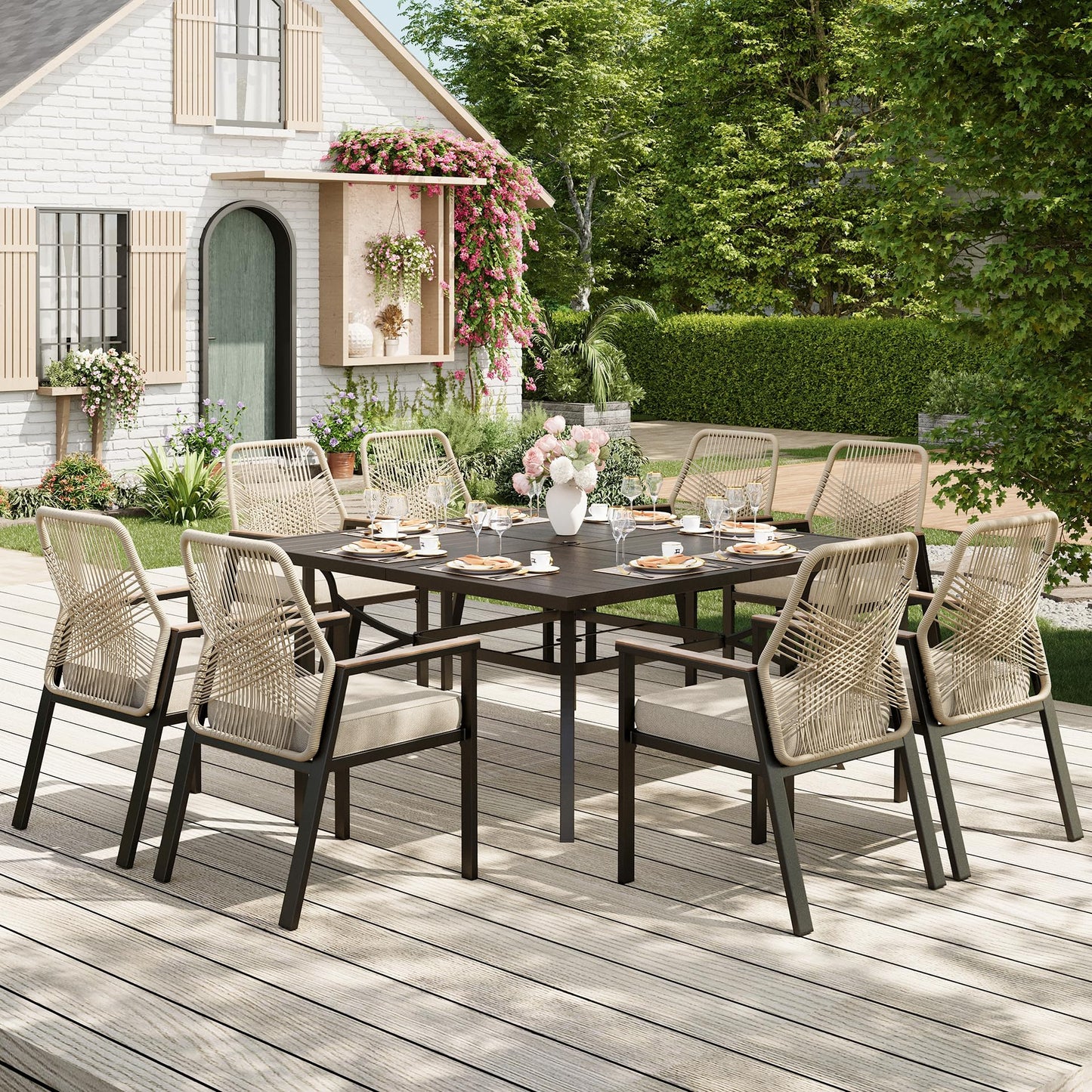 MIXPATIO 7 Pieces Round Outdoor Dining Set for 6, Patio Dining Set Wicker Rattan Chairs with Soft Cushion and 54" Round Table with Umbrella Hole, Round Patio Table and Chairs for Backyard Porch