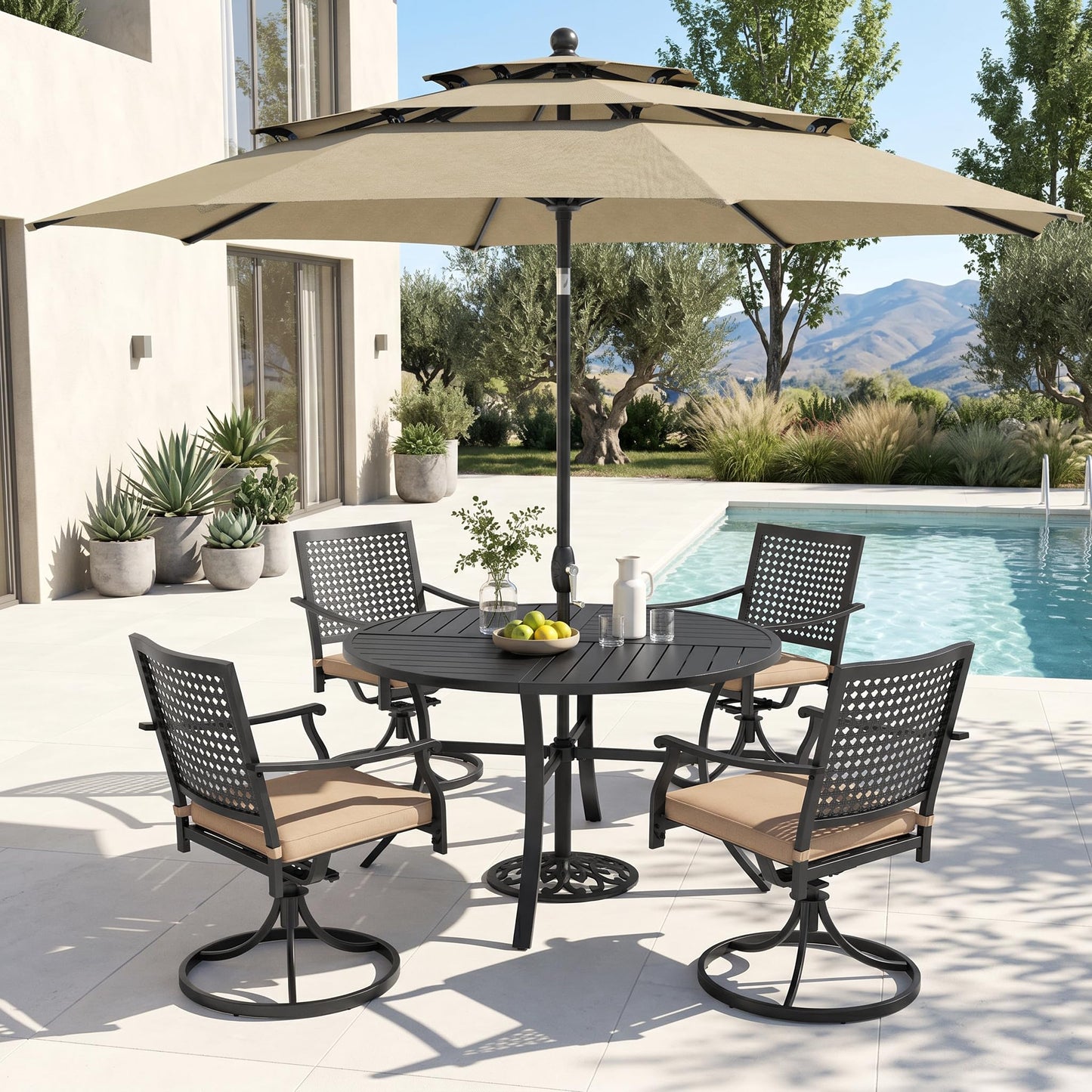 PHI VILLA 5 Pieces Outdoor Dining Set for 4 with Umbrella, 42" Large Round Metal Steel Table & Stackable Iron Chairs with Cushions & 10ft Beige Umbrella, Modern Furniture for Patio, Deck, Yard, Porch