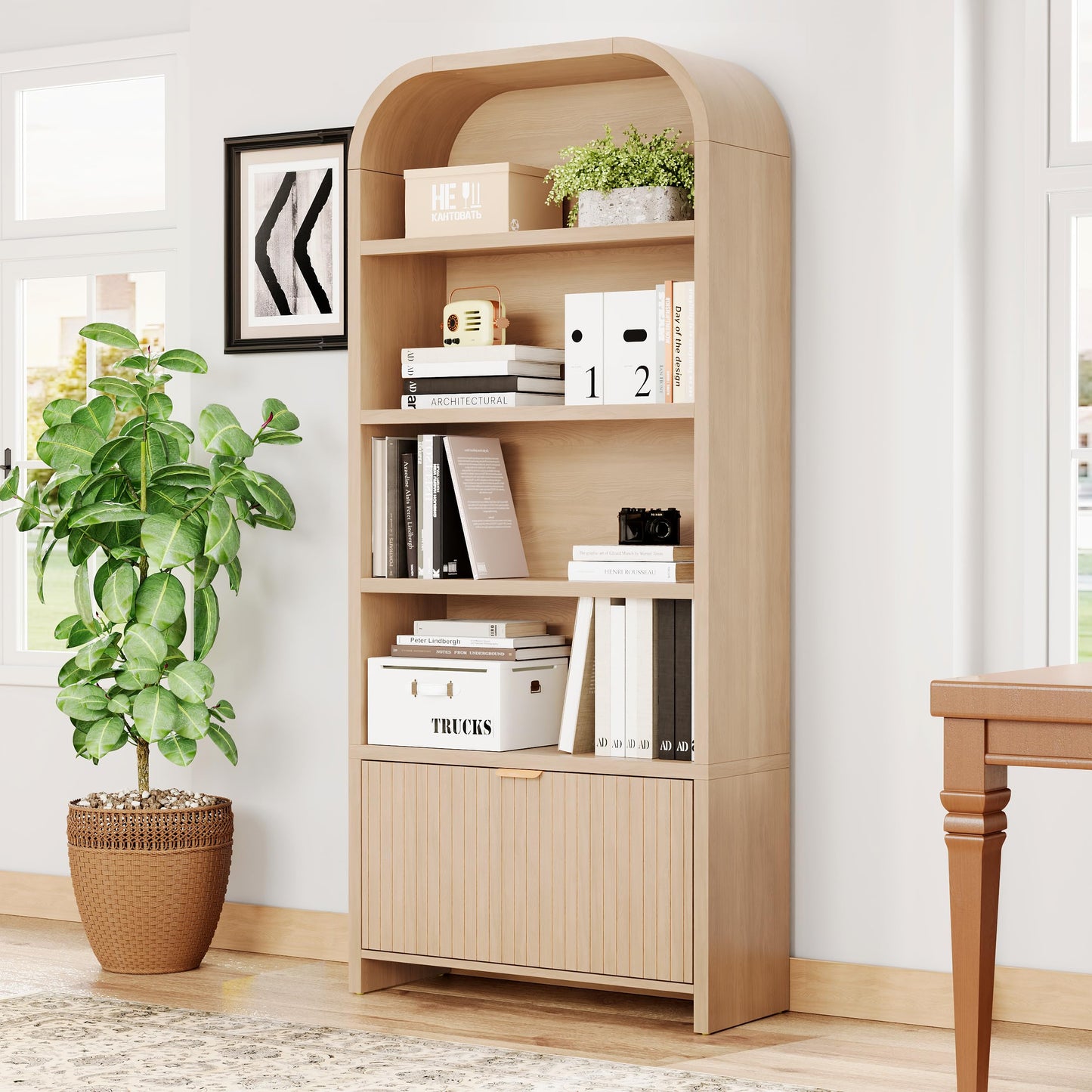 LEVNARY Arched Bookcase with Drawer, 70" Tall 5-Tier Bookshelf with Fluted Carved Drawer, Freestanding Display Storage Cabinet for Living Room Home Office (Walnut)