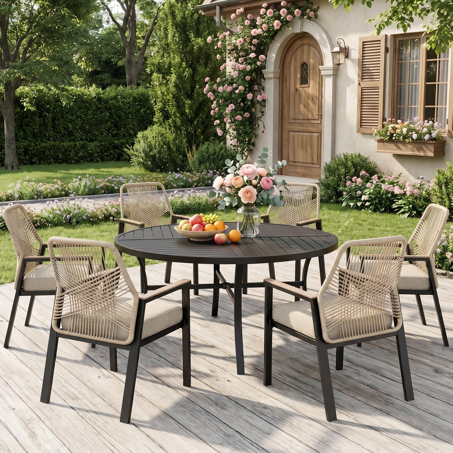 MIXPATIO 7 Pieces Round Outdoor Dining Set for 6, Patio Dining Set Wicker Rattan Chairs with Soft Cushion and 54" Round Table with Umbrella Hole, Round Patio Table and Chairs for Backyard Porch