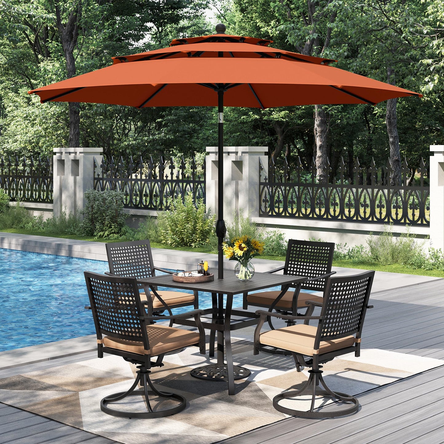 PHI VILLA 5 Pieces Outdoor Dining Set for 4 with Umbrella, 42" Large Round Metal Steel Table & Stackable Iron Chairs with Cushions & 10ft Beige Umbrella, Modern Furniture for Patio, Deck, Yard, Porch