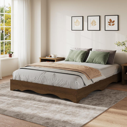 IDEALHOUSE Queen Bed Frame, Wood Platform Bed with Wave Design, Low Bed Frame Without Headboard, Minimalist Bed Base with Noise-Free, Easy Assembly, No Box Spring Needed