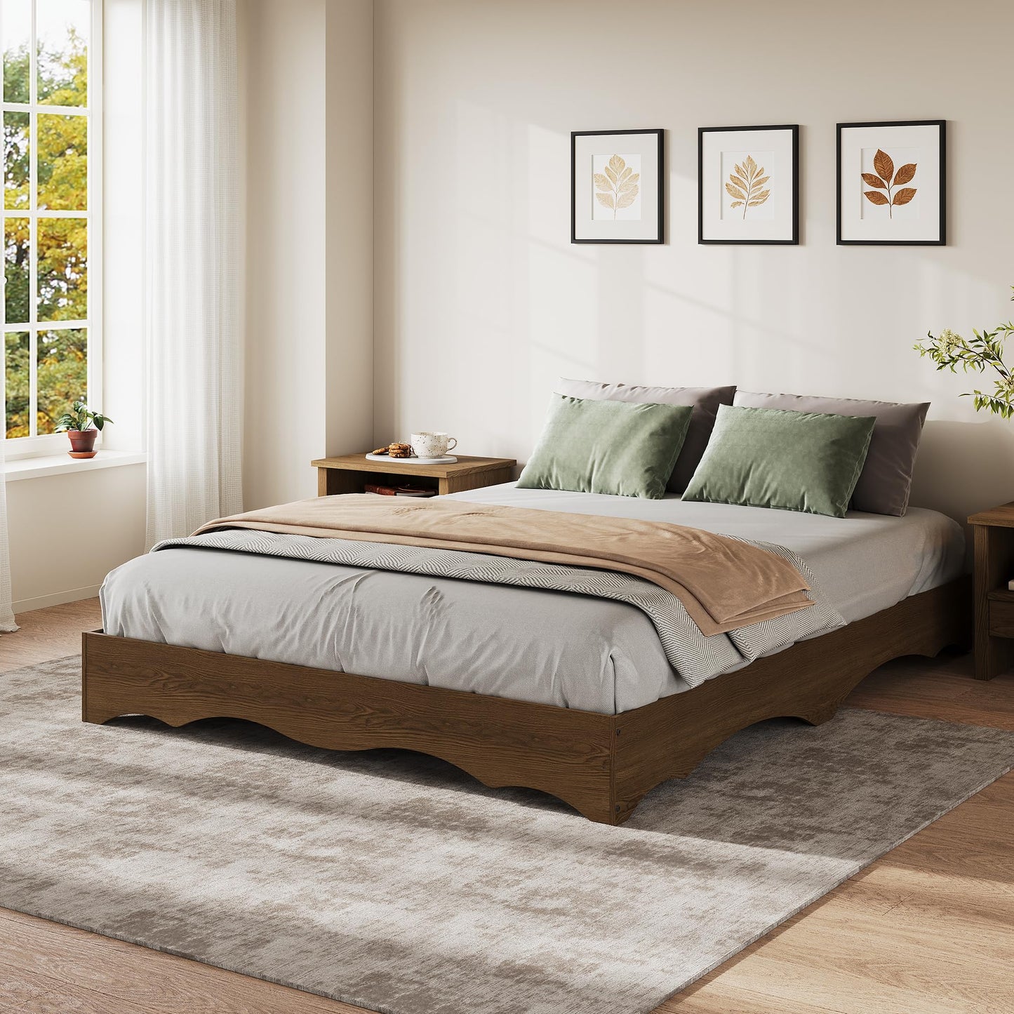 IDEALHOUSE Queen Bed Frame, Wood Platform Bed with Wave Design, Low Bed Frame Without Headboard, Minimalist Bed Base with Noise-Free, Easy Assembly, No Box Spring Needed