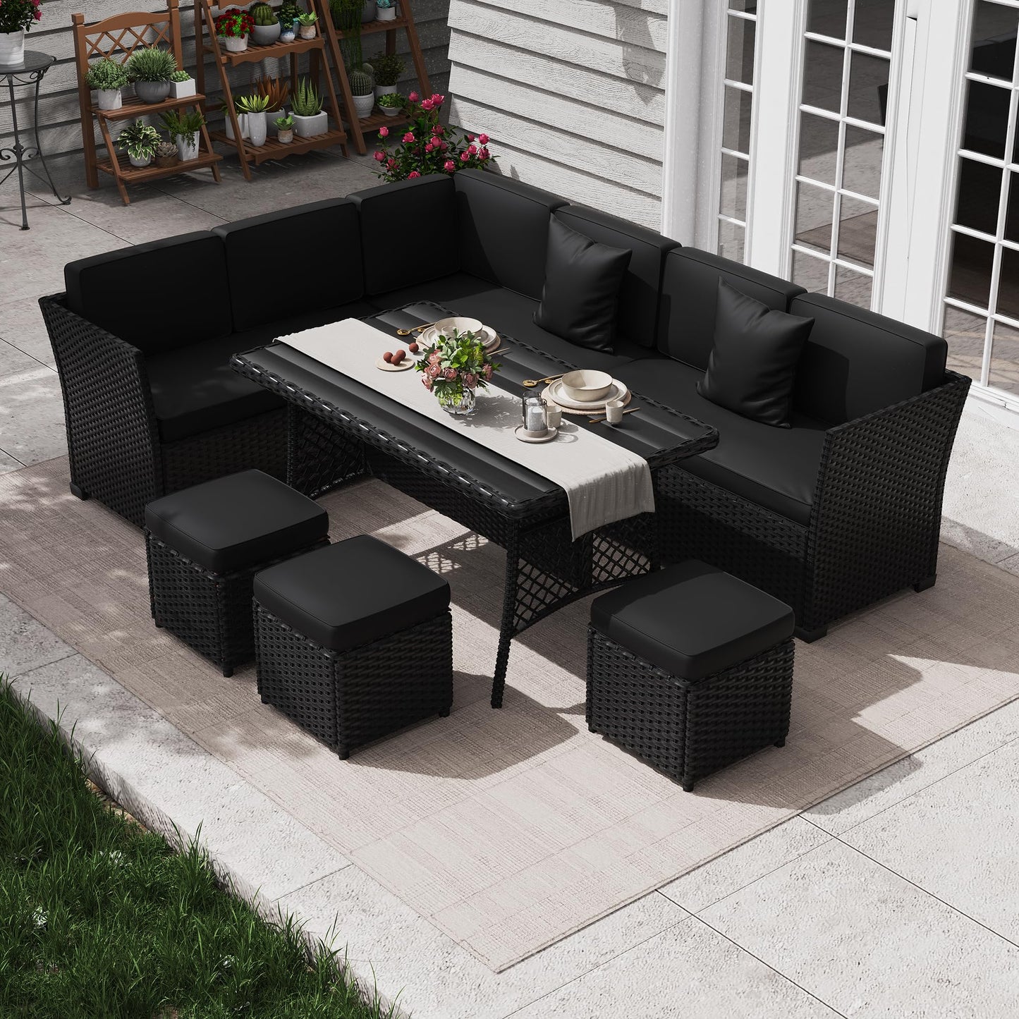 KIGOTY 7 Piece Patio Furniture Set, Outdoor PE Wicker Rattan Outdoor Dining Set, Patio Table and Chairs Set, Patio Conversation Sofa Set with Dining Table and Ottoman(Grey-Light Grey)