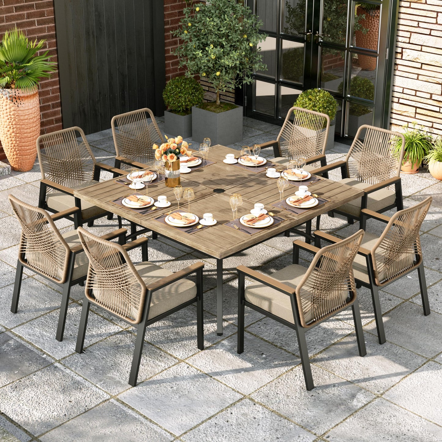 MIXPATIO 7 Pieces Round Outdoor Dining Set for 6, Patio Dining Set Wicker Rattan Chairs with Soft Cushion and 54" Round Table with Umbrella Hole, Round Patio Table and Chairs for Backyard Porch