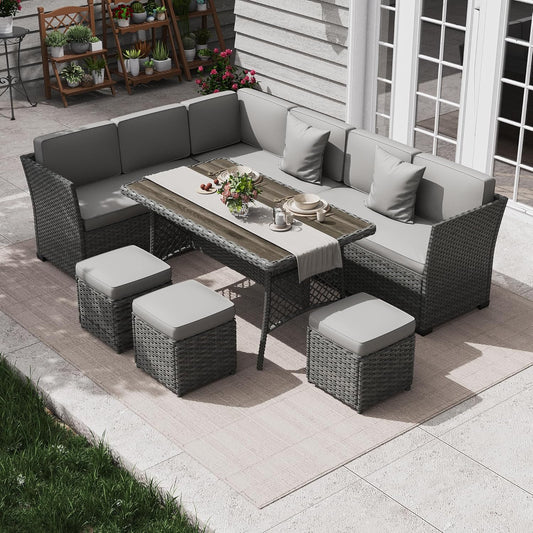 KIGOTY 7 Piece Patio Furniture Set, Outdoor PE Wicker Rattan Outdoor Dining Set, Patio Table and Chairs Set, Patio Conversation Sofa Set with Dining Table and Ottoman(Grey-Light Grey)