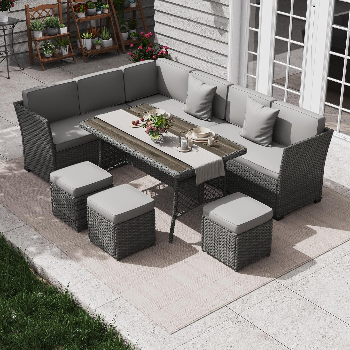 KIGOTY 7 Piece Patio Furniture Set, Outdoor PE Wicker Rattan Outdoor Dining Set, Patio Table and Chairs Set, Patio Conversation Sofa Set with Dining Table and Ottoman(Grey-Light Grey)