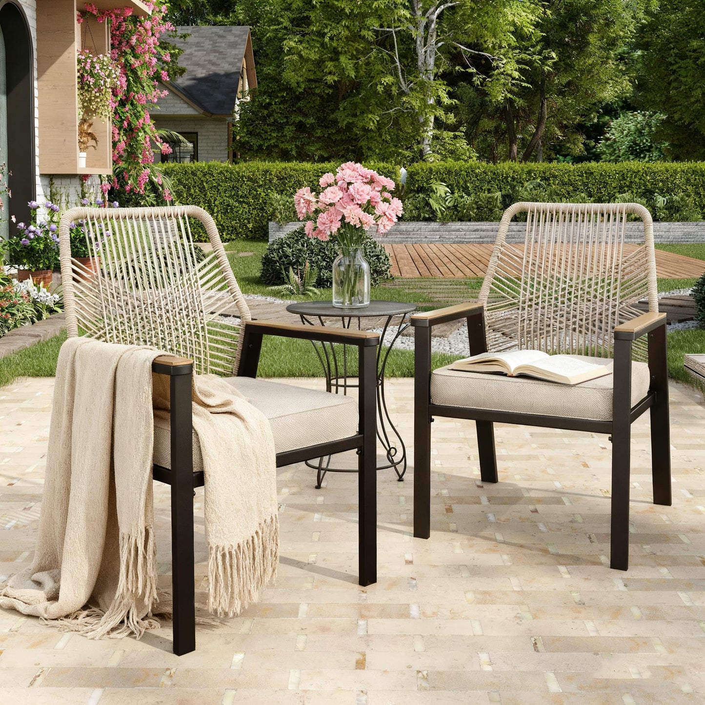 MIXPATIO 7 Pieces Round Outdoor Dining Set for 6, Patio Dining Set Wicker Rattan Chairs with Soft Cushion and 54" Round Table with Umbrella Hole, Round Patio Table and Chairs for Backyard Porch