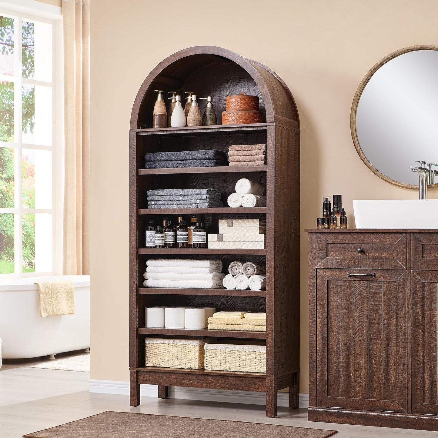 IFGET 71" Tall Arched Bookshelf, 7 Tiers Arch Bookcase with Storage, Modern Farmhouse Book Shelf with Adjustable Shelves, Wood Bookshelf w/Open Display Shelves for Living Room, Office (Brown)