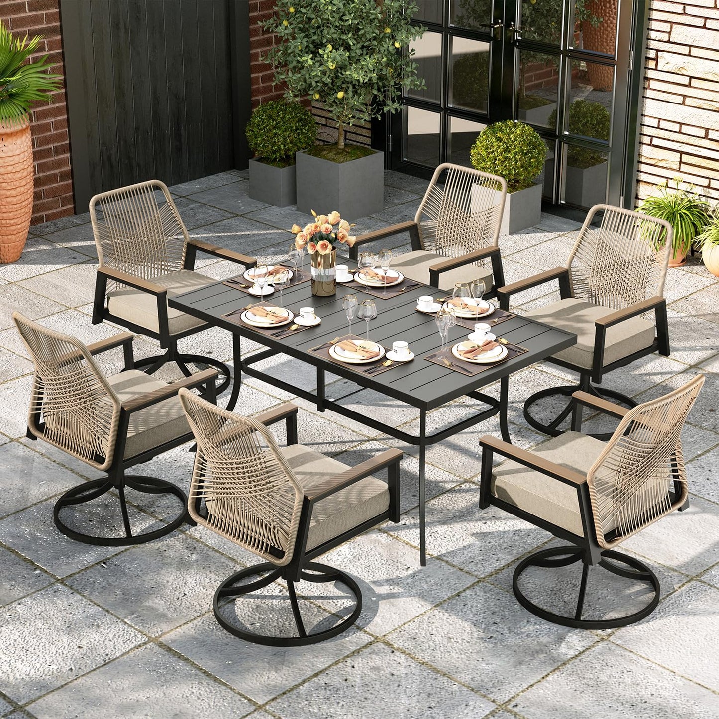 MIXPATIO 7 Pieces Round Outdoor Dining Set for 6, Patio Dining Set Wicker Rattan Chairs with Soft Cushion and 54" Round Table with Umbrella Hole, Round Patio Table and Chairs for Backyard Porch