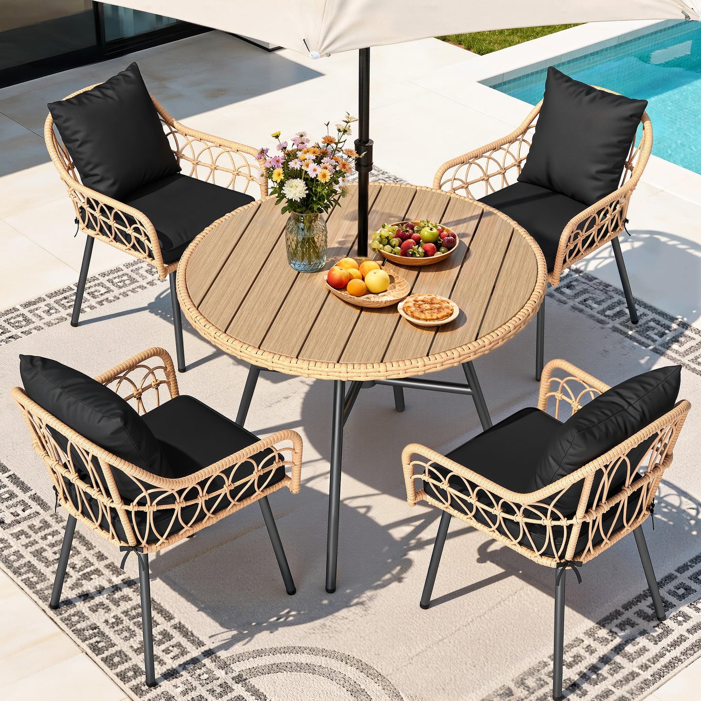YITAHOME Patio Dining Set with Umbrella Hole for 4, All-Weather Rattan Outdoor Dining Set 5pcs, Patio Dining Furniture Sets with 4 Ergonomic Armchairs, Outdoor Table and Chairs Set for Patio Backyard
