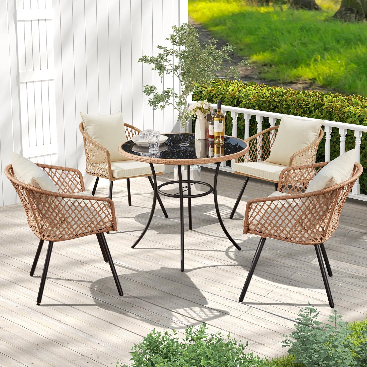 5-Piece Grey Black Wicker Outdoor Dining Set with Glass Table & Waterproof Cushions