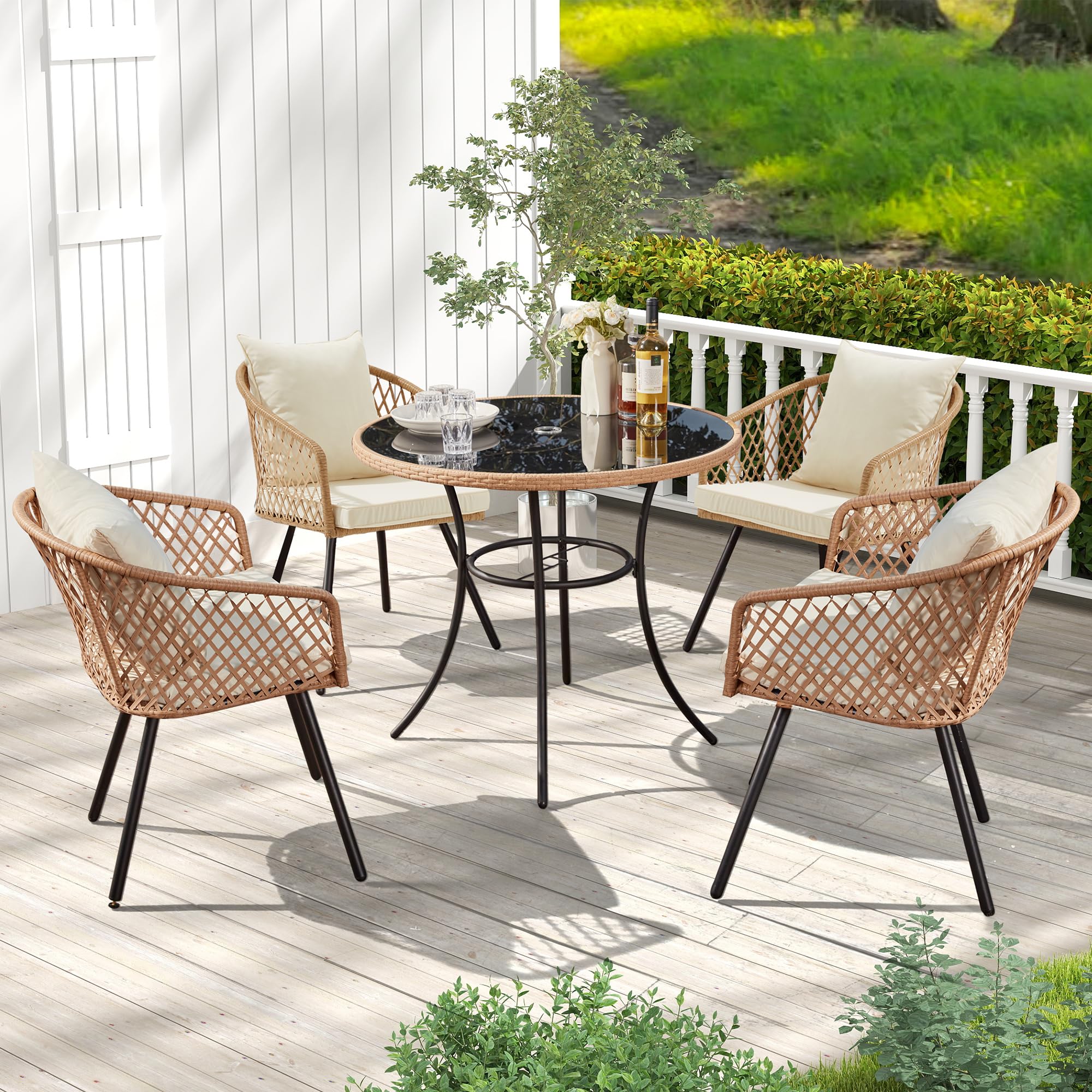 5-Piece Grey Black Wicker Outdoor Dining Set with Glass Table & Waterproof Cushions