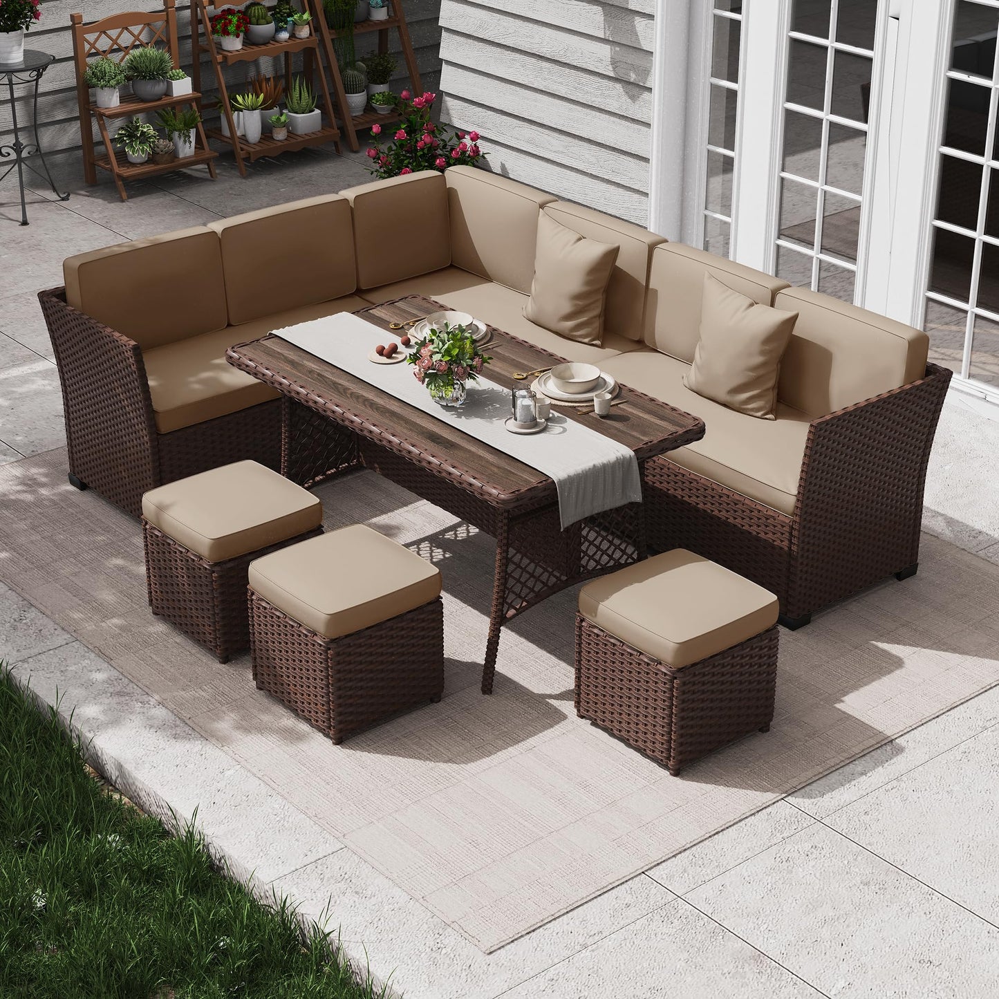 KIGOTY 7 Piece Patio Furniture Set, Outdoor PE Wicker Rattan Outdoor Dining Set, Patio Table and Chairs Set, Patio Conversation Sofa Set with Dining Table and Ottoman(Grey-Light Grey)